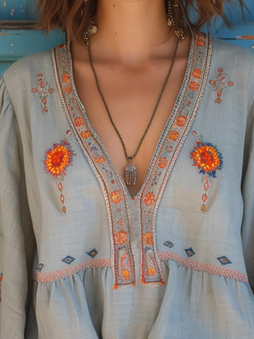 Bohemian Embroidered V Neck Blouse for Women - Lightweight Cotton Top for Casual Wear