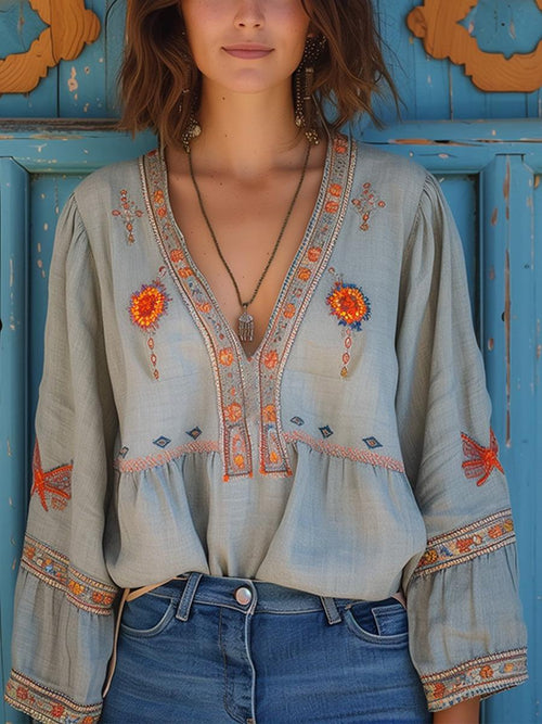 Bohemian Embroidered V Neck Blouse for Women - Lightweight Cotton Top for Casual Wear