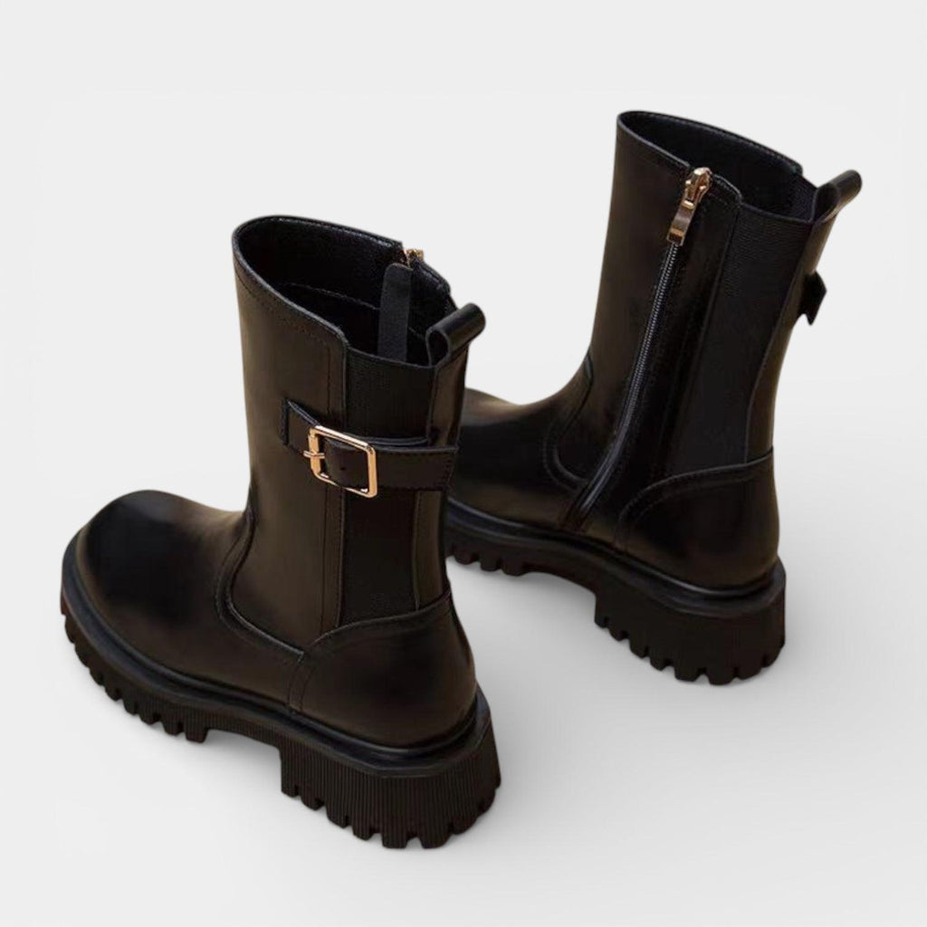 Chunky Vegan Leather Mid-Calf Boots for Women with Buckle Detail - Stylish Footwear for Everyday Wear