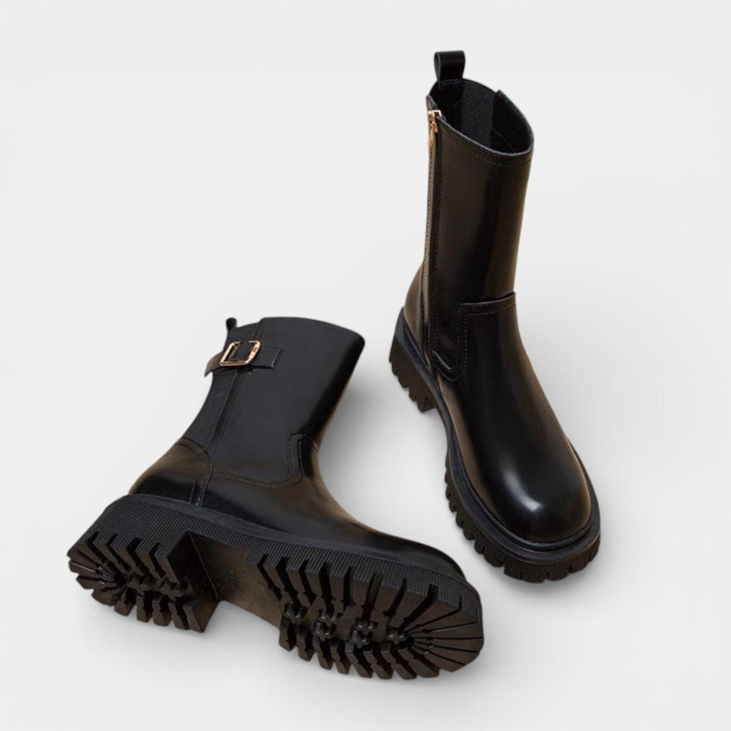 Chunky Vegan Leather Mid-Calf Boots for Women with Buckle Detail - Stylish Footwear for Everyday Wear