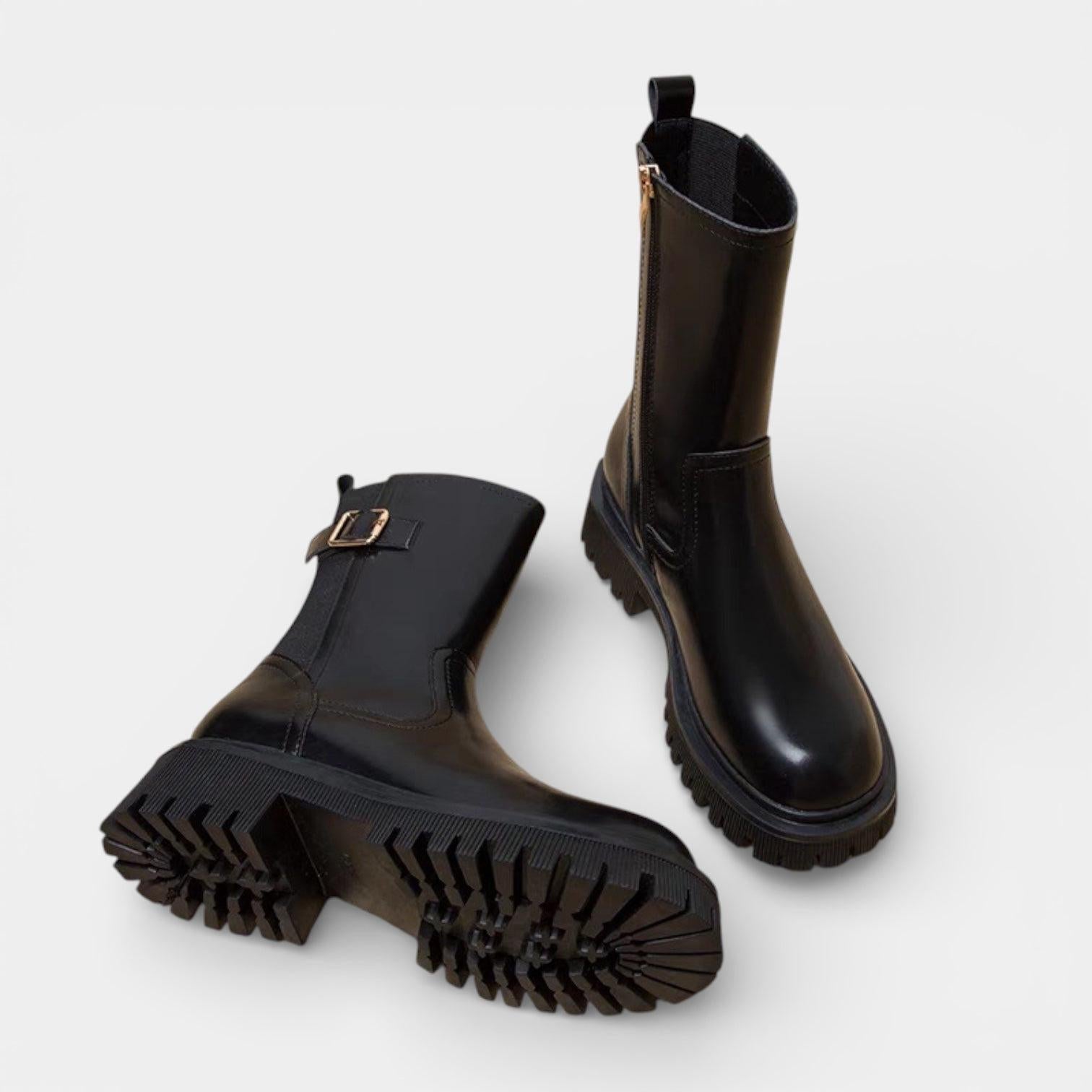 Chunky Vegan Leather Mid-Calf Boots for Women with Buckle Detail - Stylish Footwear for Everyday Wear