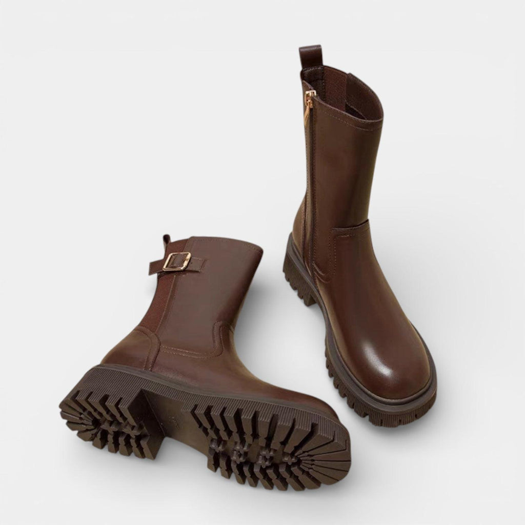 Chunky Vegan Leather Mid-Calf Boots for Women with Buckle Detail - Stylish Footwear for Everyday Wear