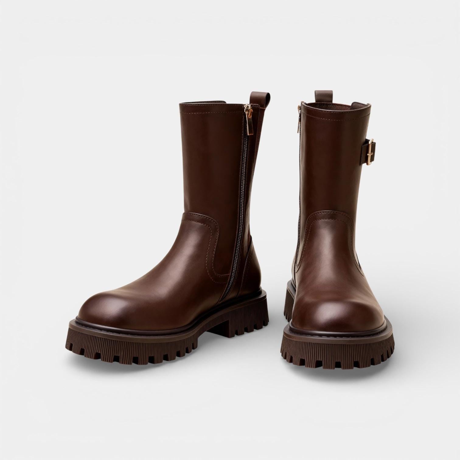 Chunky Vegan Leather Mid-Calf Boots for Women with Buckle Detail - Stylish Footwear for Everyday Wear