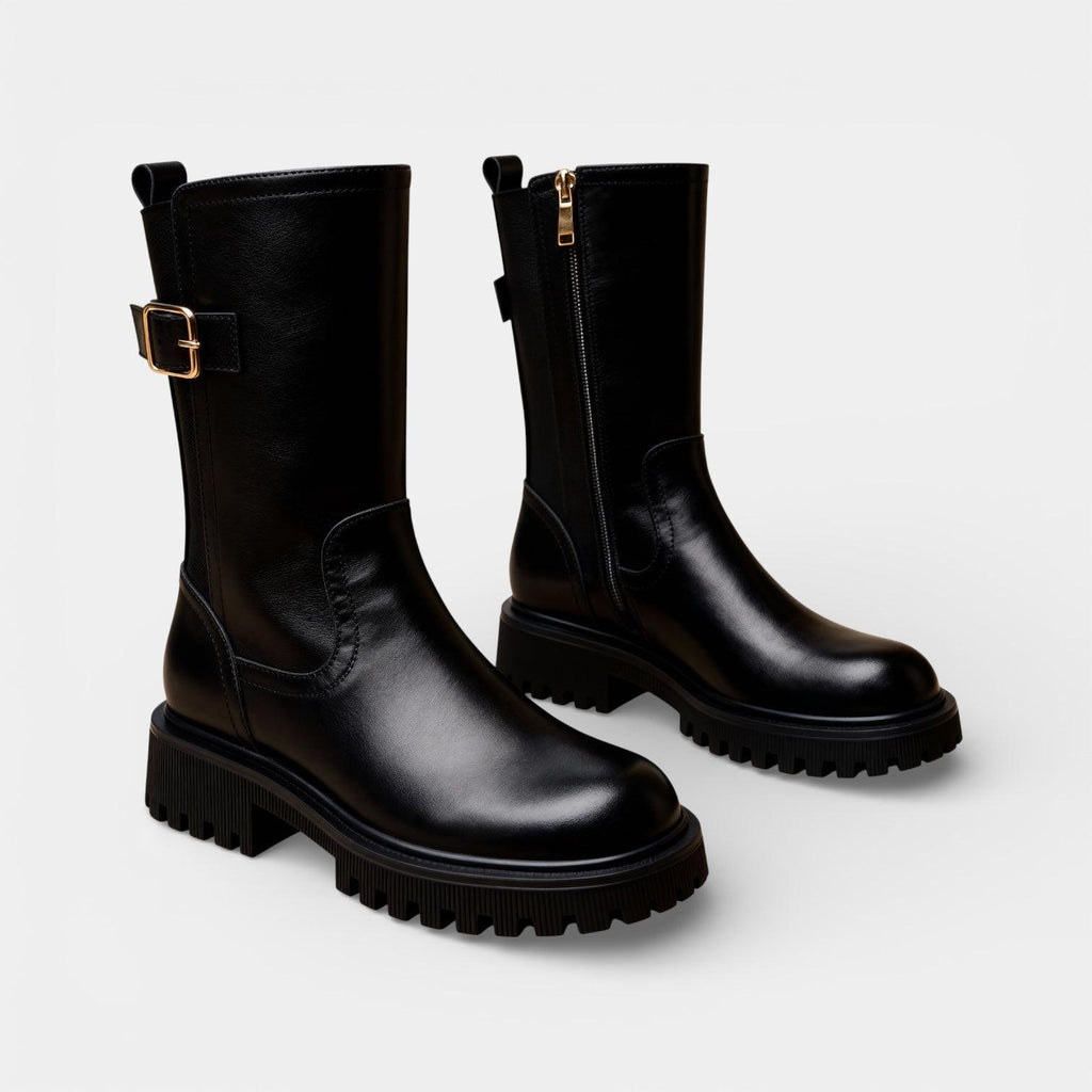 Chunky Vegan Leather Mid-Calf Boots for Women with Buckle Detail - Stylish Footwear for Everyday Wear