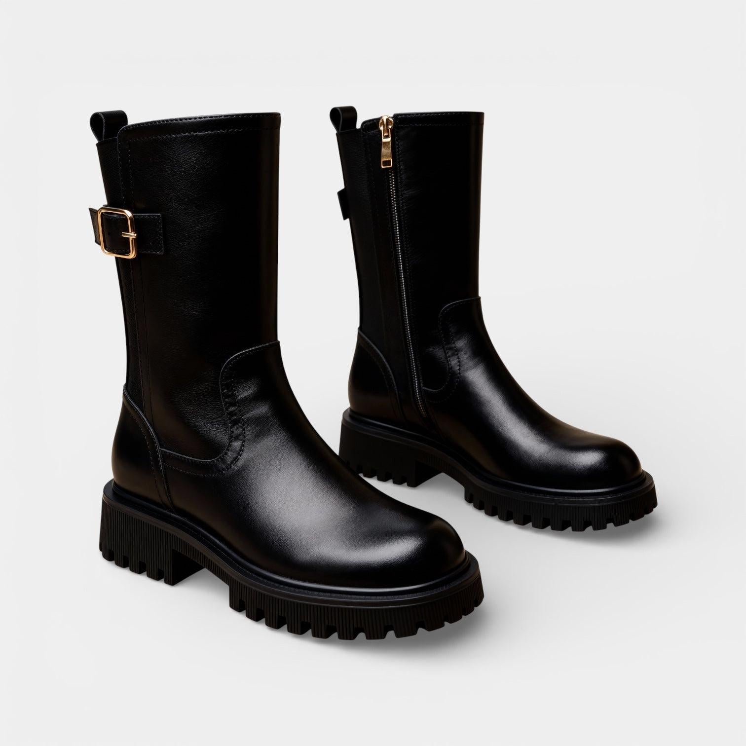 Chunky Vegan Leather Mid-Calf Boots for Women with Buckle Detail - Stylish Footwear for Everyday Wear