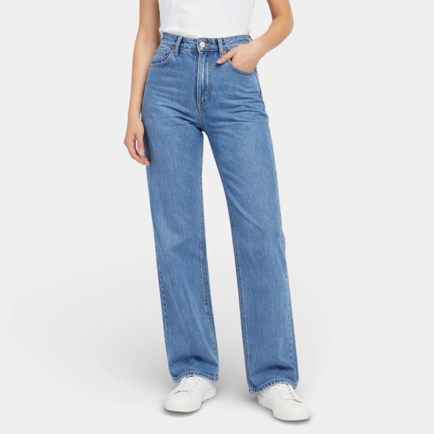 Classic Straight Leg Jeans for Women - Button Fly, Relaxed Fit, Denim Wash - Casual Everyday Wear
