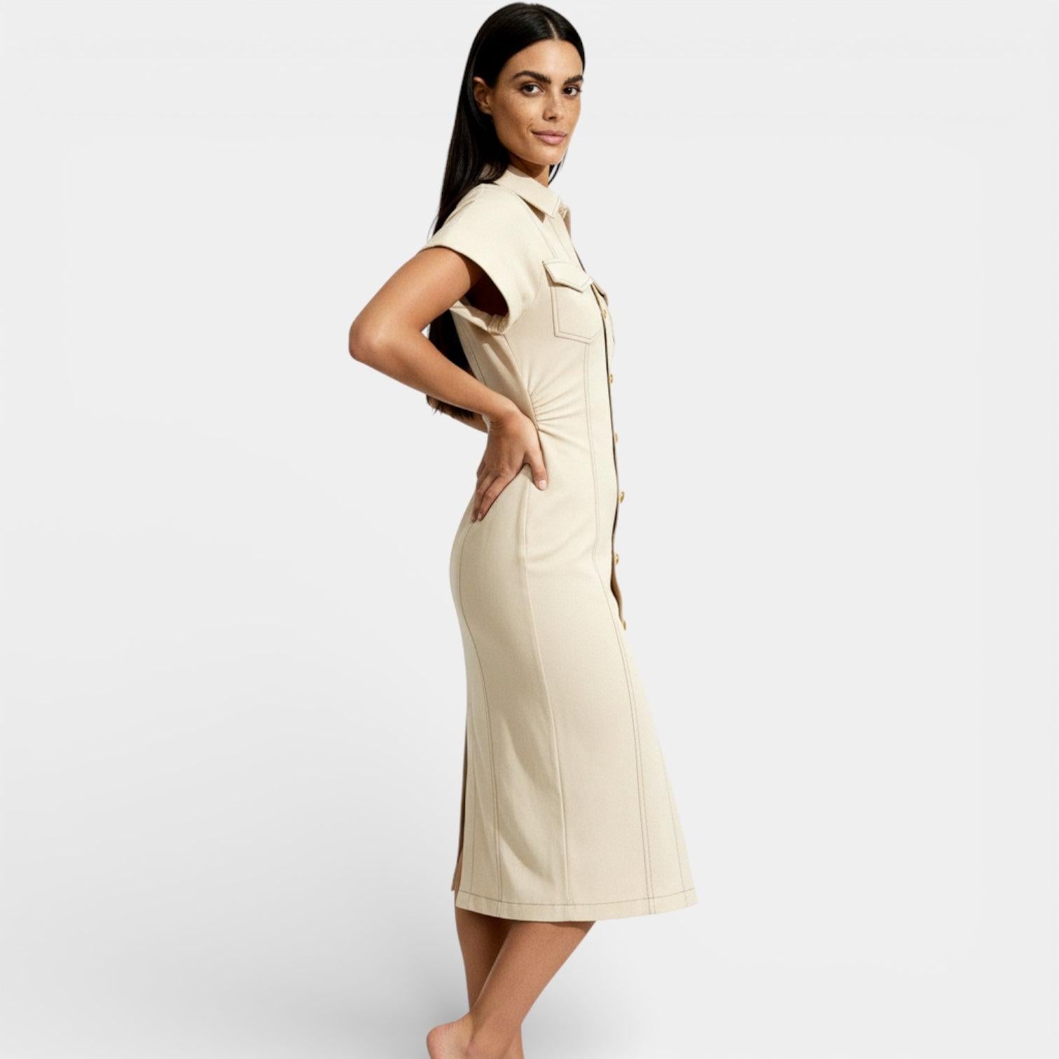 Denim Midi Dress for Women - Button-Front Design - Casual Everyday Wear - Versatile Summer Fashion