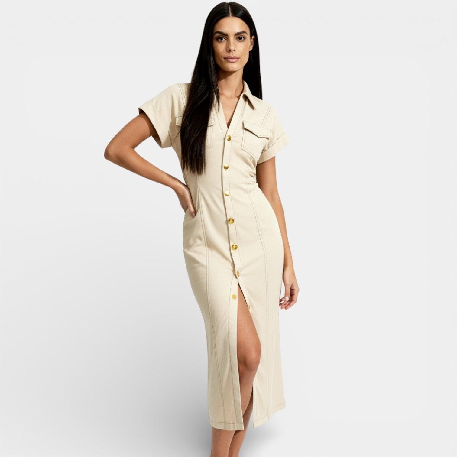 Denim Midi Dress for Women - Button-Front Design - Casual Everyday Wear - Versatile Summer Fashion