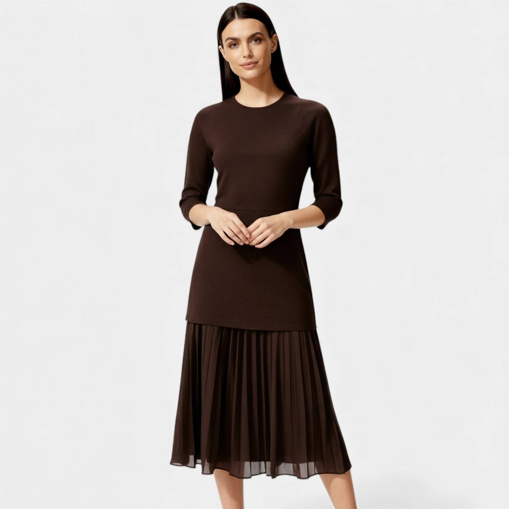 Elegant Pleated Knit Midi Dress for Women - Long Sleeve, Perfect for Casual or Formal Occasions