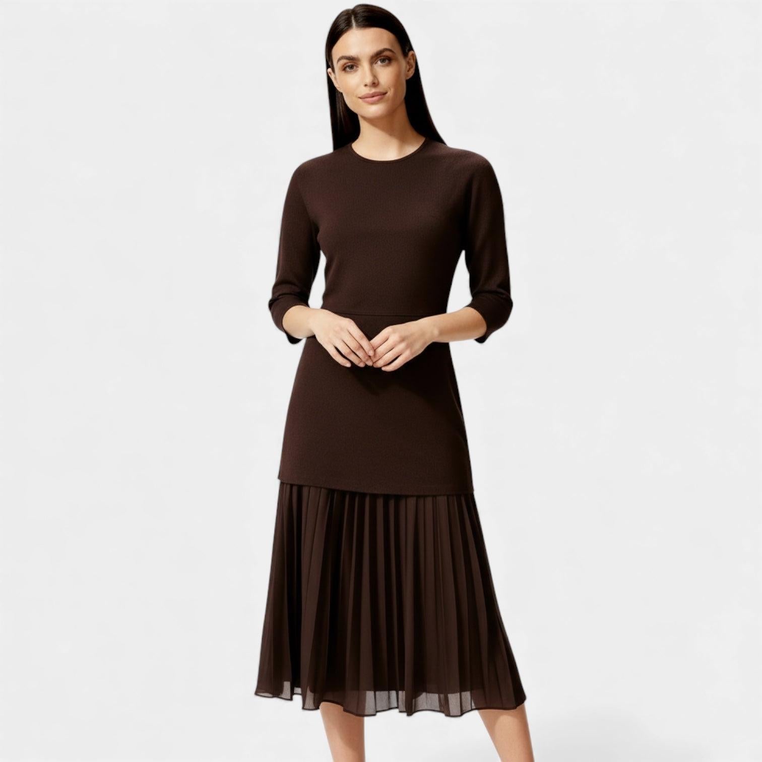 Elegant Pleated Knit Midi Dress for Women - Long Sleeve, Perfect for Casual or Formal Occasions