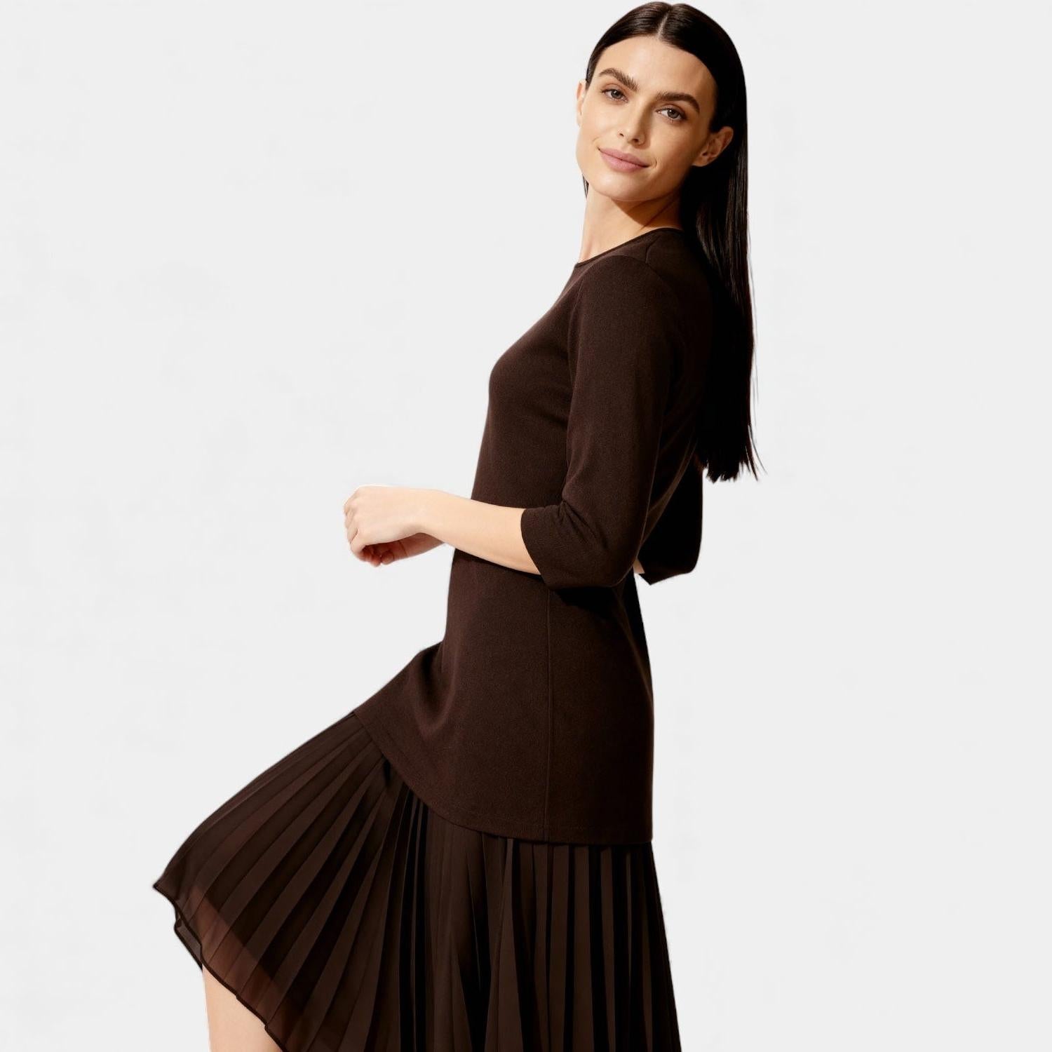 Elegant Pleated Knit Midi Dress for Women - Long Sleeve, Perfect for Casual or Formal Occasions