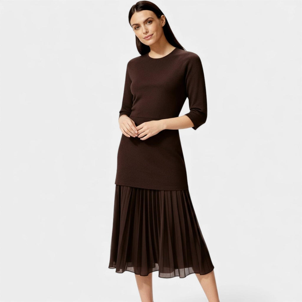 Elegant Pleated Knit Midi Dress for Women - Long Sleeve, Perfect for Casual or Formal Occasions