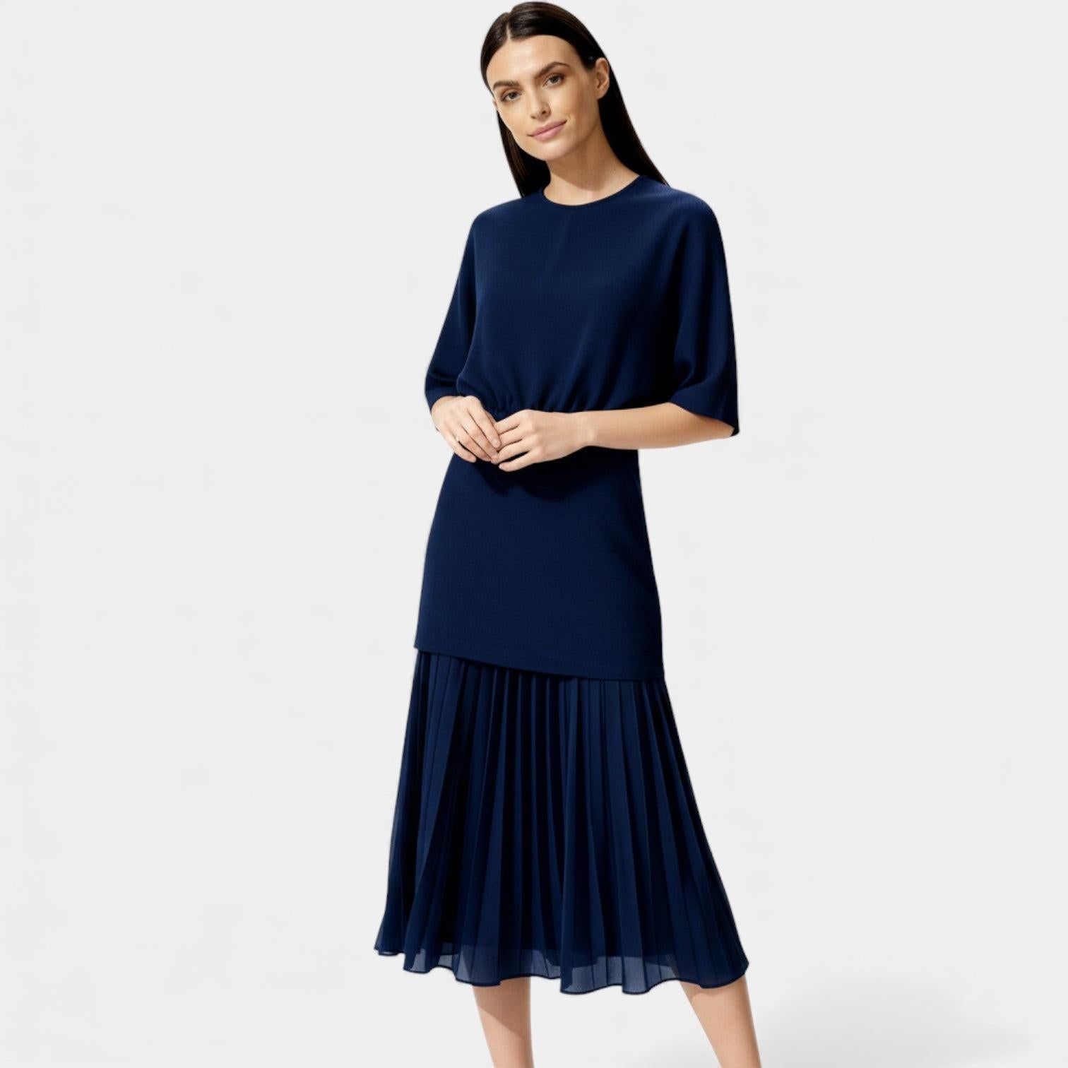 Elegant Pleated Knit Midi Dress for Women - Long Sleeve, Perfect for Casual or Formal Occasions