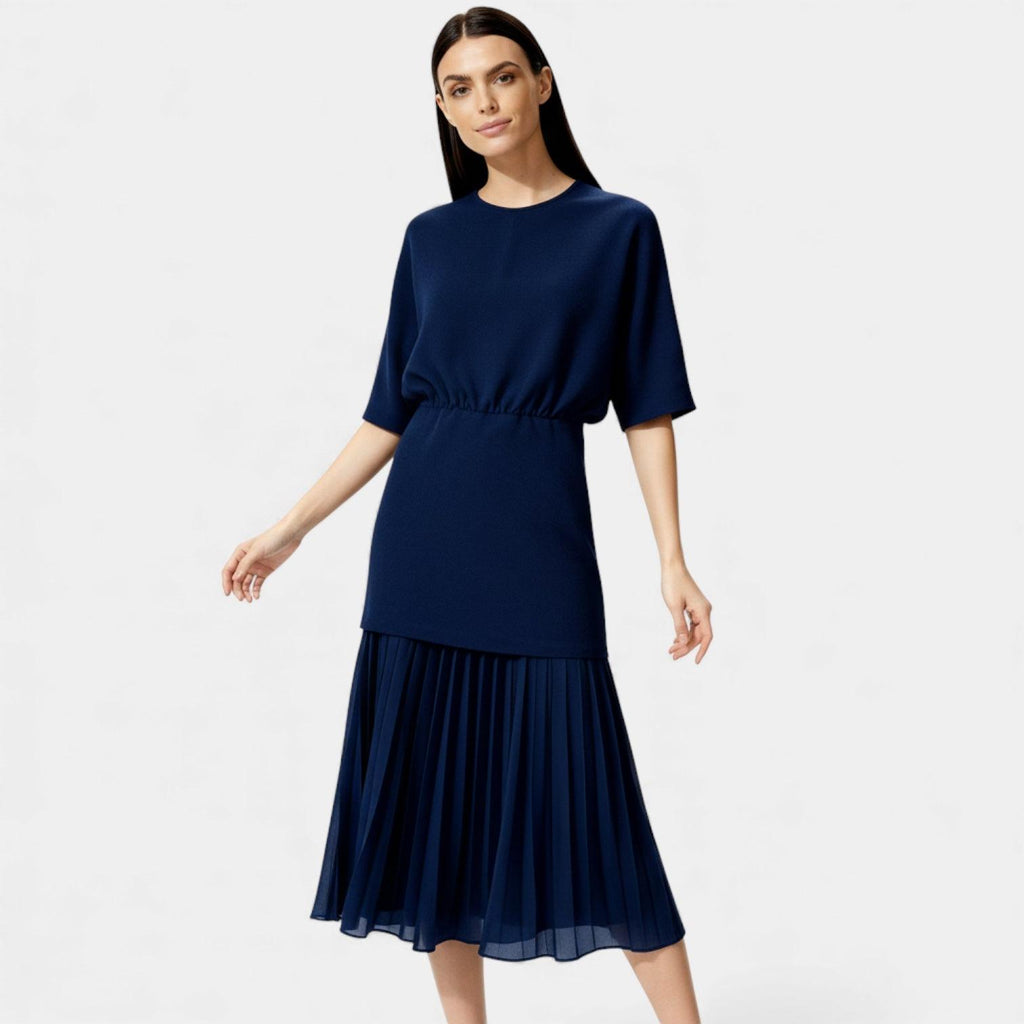 Elegant Pleated Knit Midi Dress for Women - Long Sleeve, Perfect for Casual or Formal Occasions