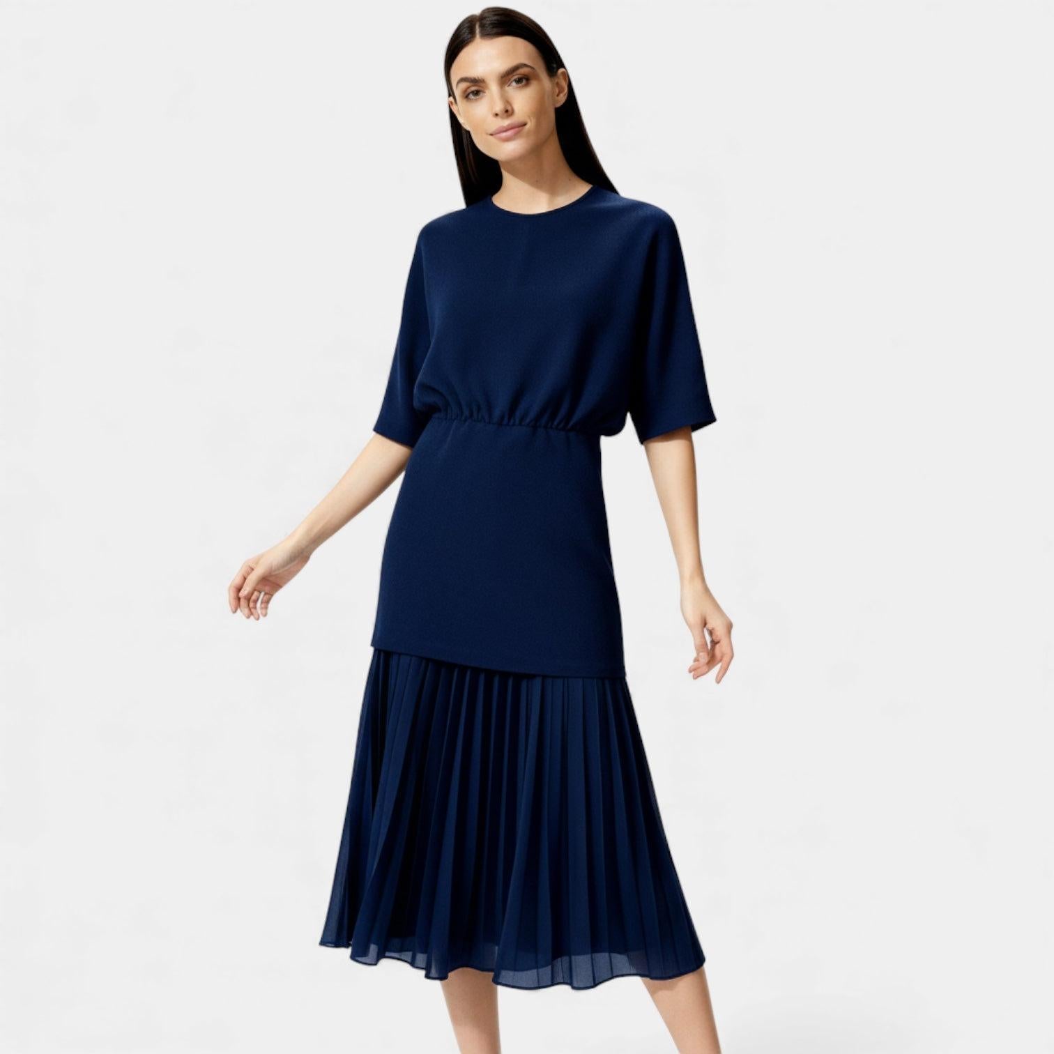 Elegant Pleated Knit Midi Dress for Women - Long Sleeve, Perfect for Casual or Formal Occasions
