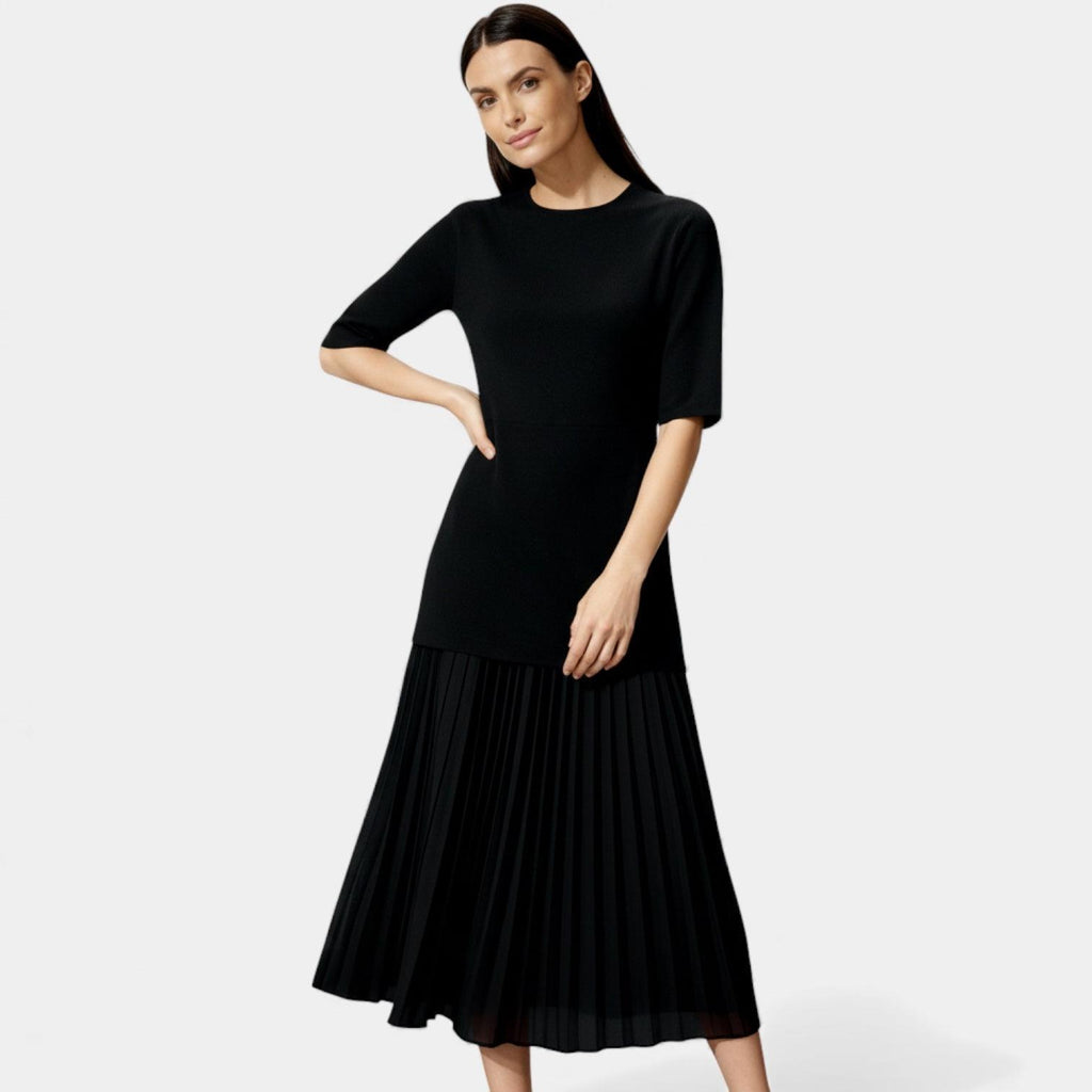 Elegant Pleated Knit Midi Dress for Women - Long Sleeve, Perfect for Casual or Formal Occasions