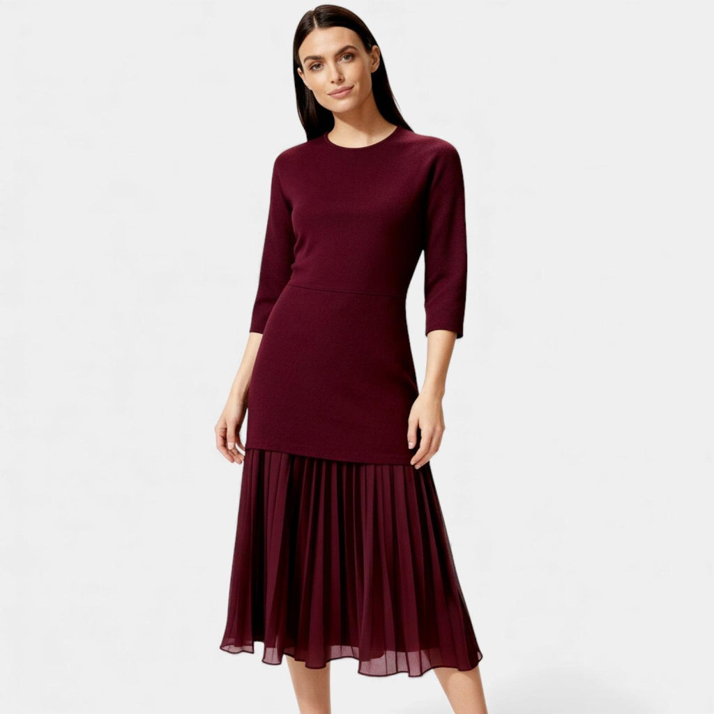 Elegant Pleated Knit Midi Dress for Women - Long Sleeve, Perfect for Casual or Formal Occasions