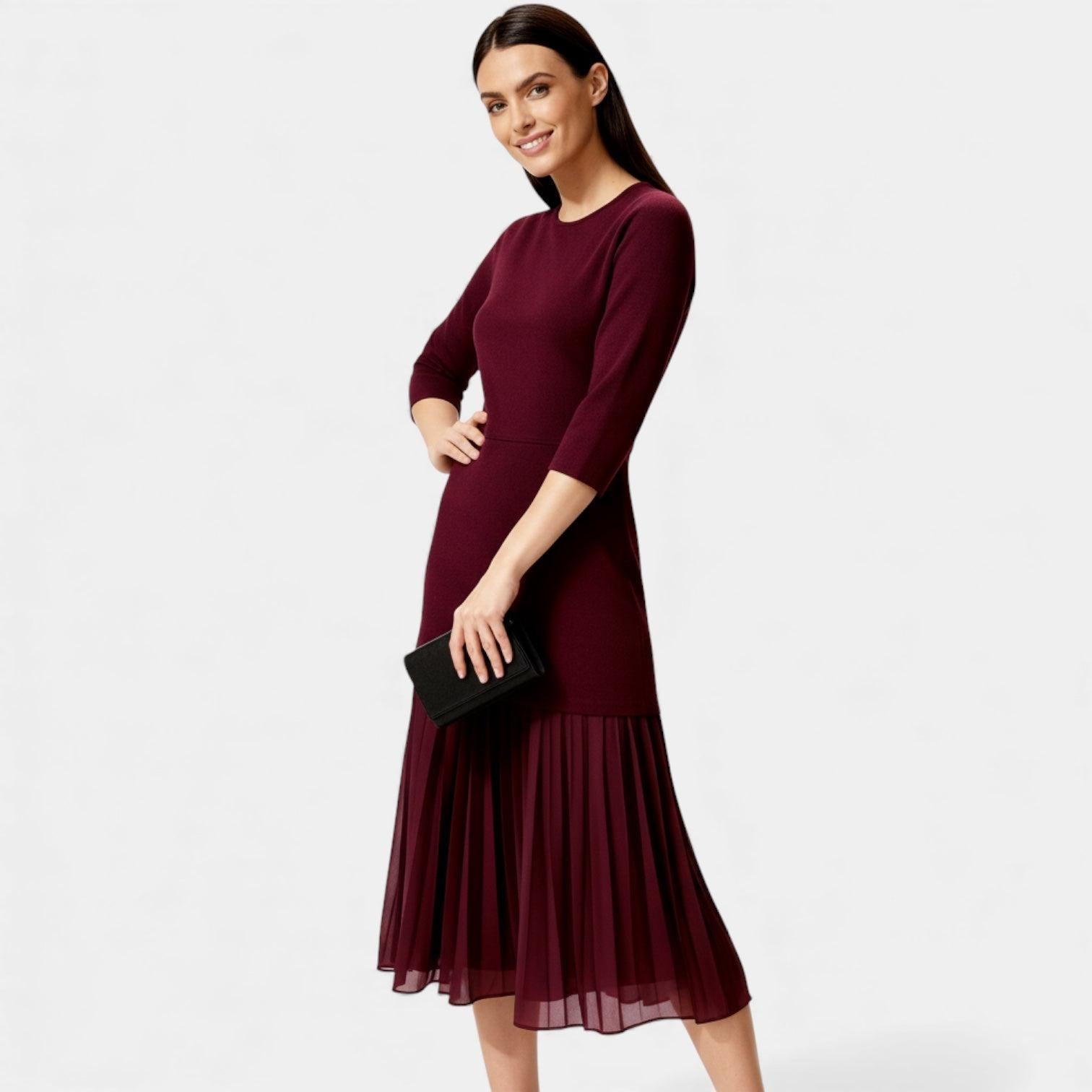 Elegant Pleated Knit Midi Dress for Women - Long Sleeve, Perfect for Casual or Formal Occasions