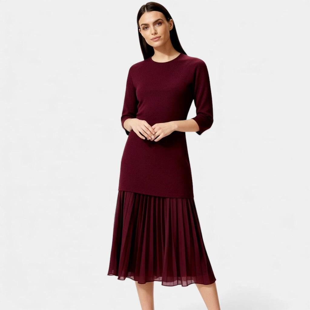 Elegant Pleated Knit Midi Dress for Women - Long Sleeve, Perfect for Casual or Formal Occasions