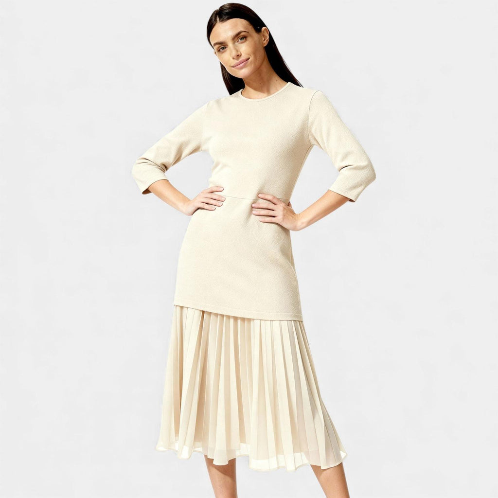 Elegant Pleated Knit Midi Dress for Women - Long Sleeve, Perfect for Casual or Formal Occasions