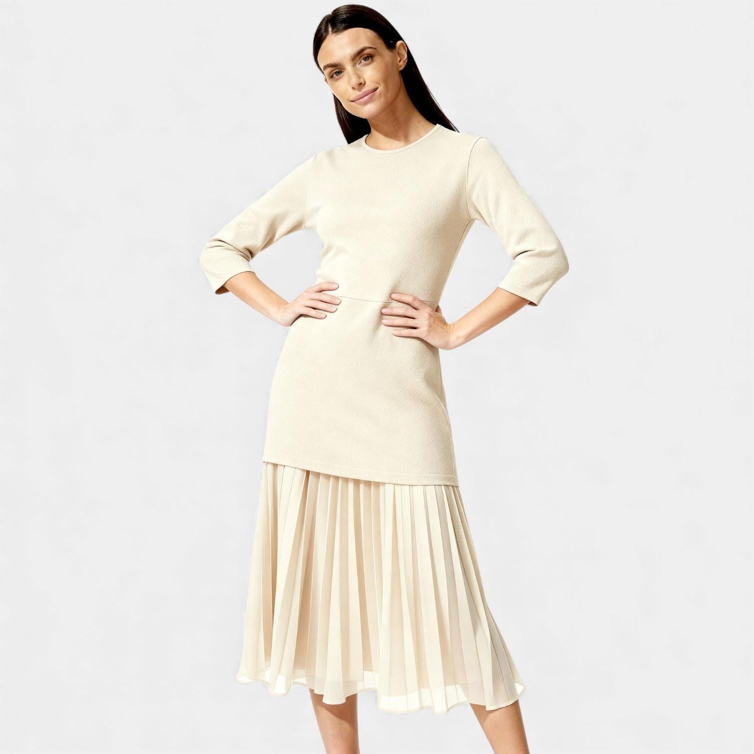 Elegant Pleated Knit Midi Dress for Women - Long Sleeve, Perfect for Casual or Formal Occasions