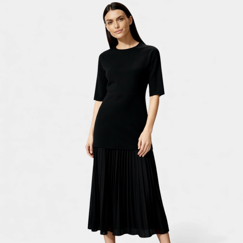 Elegant Pleated Knit Midi Dress for Women - Long Sleeve, Perfect for Casual or Formal Occasions