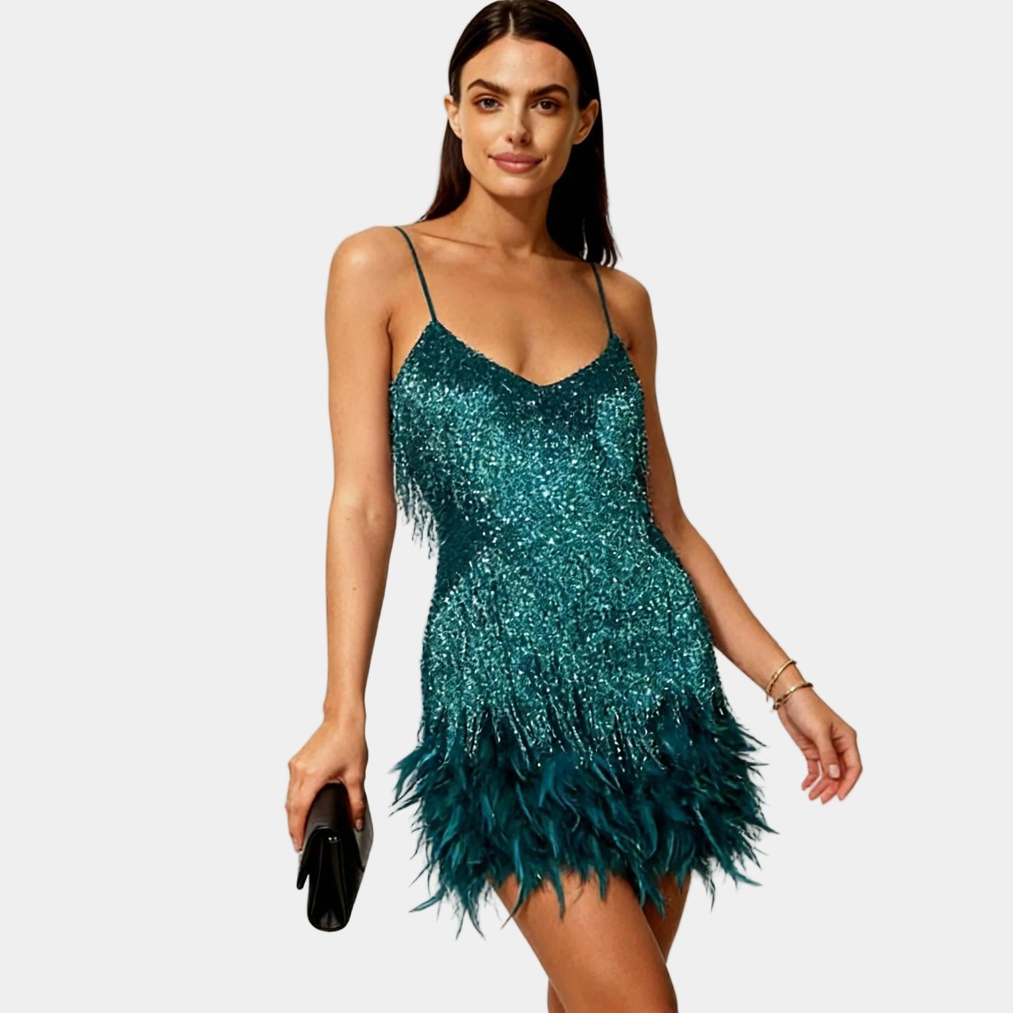 Elegant Sequin Feather Mini Dress for Women - Spaghetti Strap Evening Wear, Party Dress, Cocktail Attire