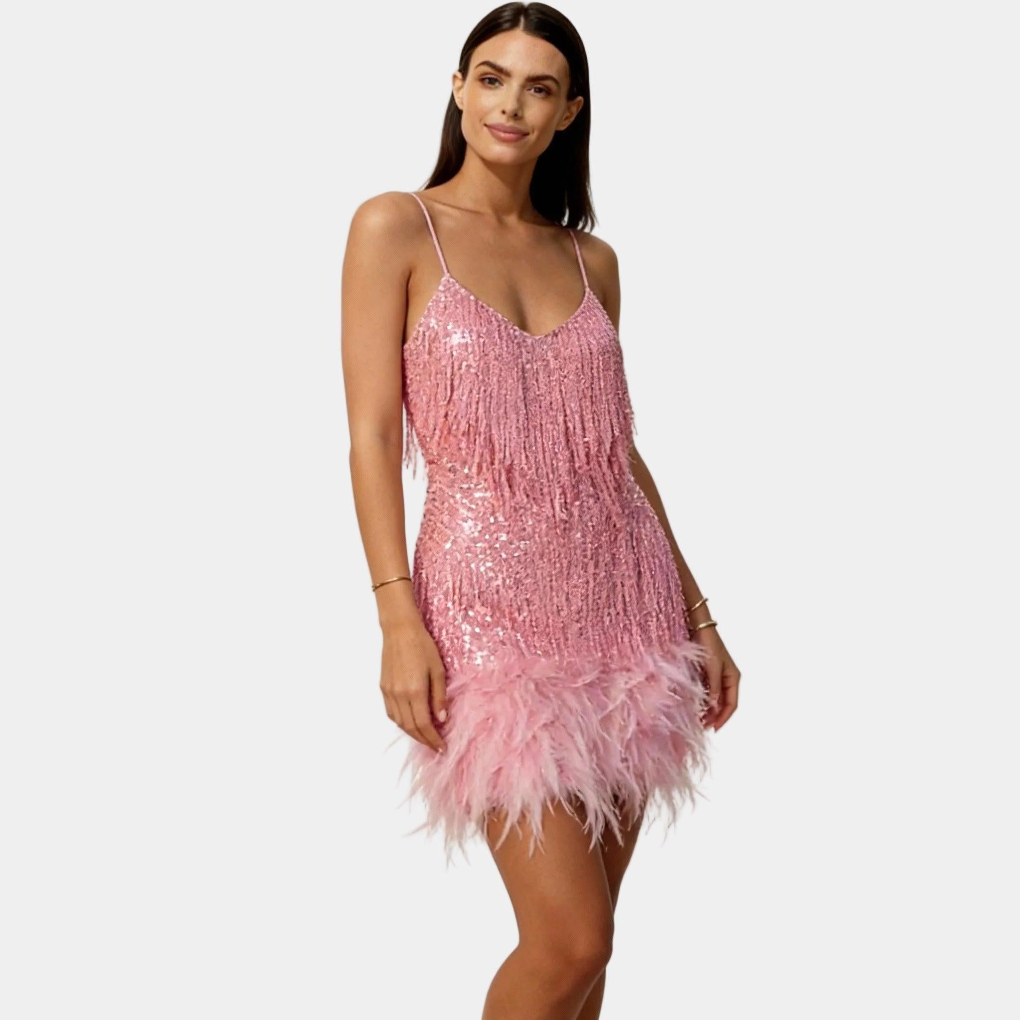 Elegant Sequin Feather Mini Dress for Women - Spaghetti Strap Evening Wear, Party Dress, Cocktail Attire