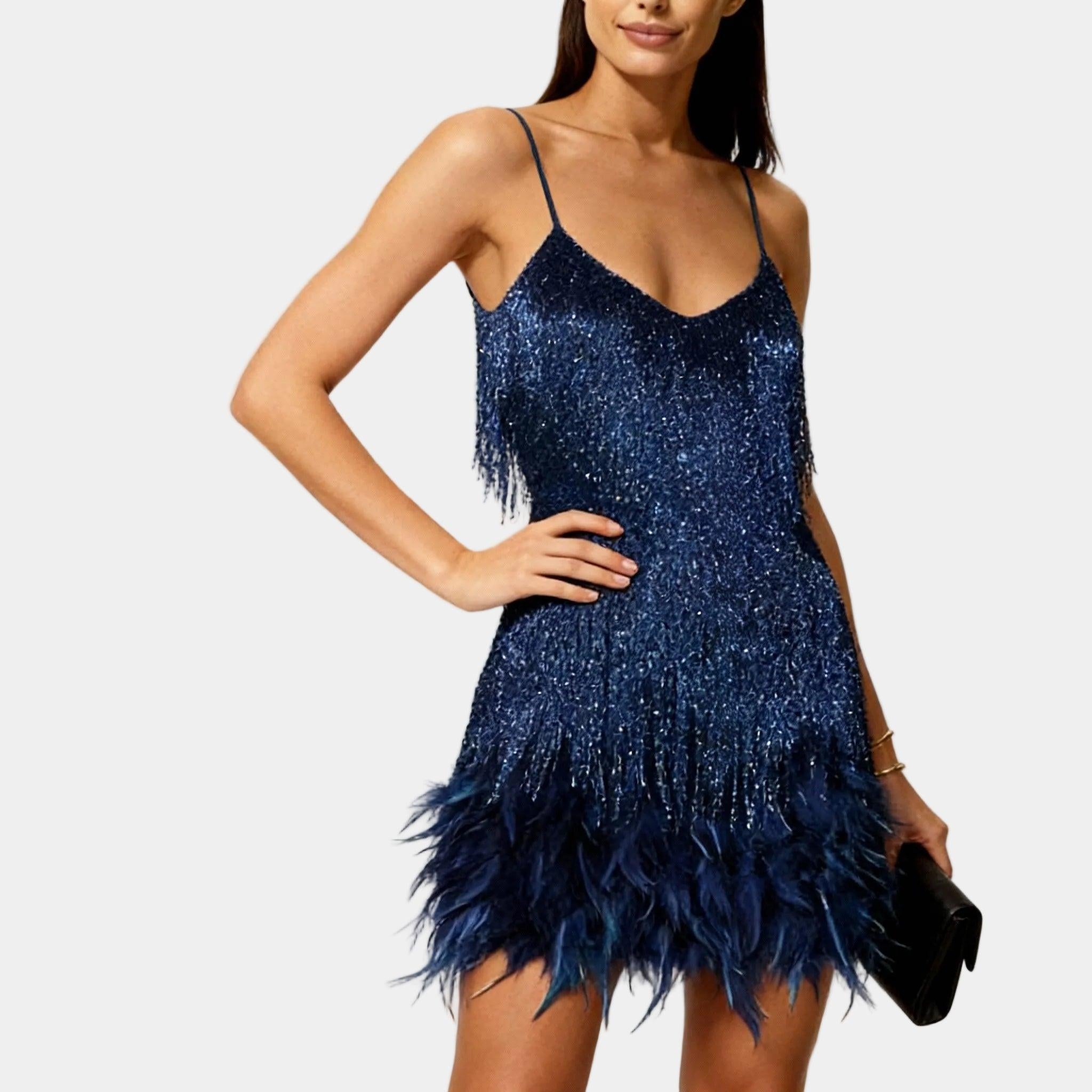 Elegant Sequin Feather Mini Dress for Women - Spaghetti Strap Evening Wear, Party Dress, Cocktail Attire