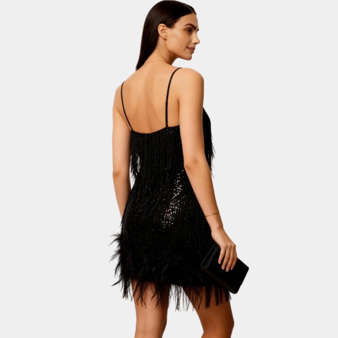 Elegant Sequin Feather Mini Dress for Women - Spaghetti Strap Evening Wear, Party Dress, Cocktail Attire