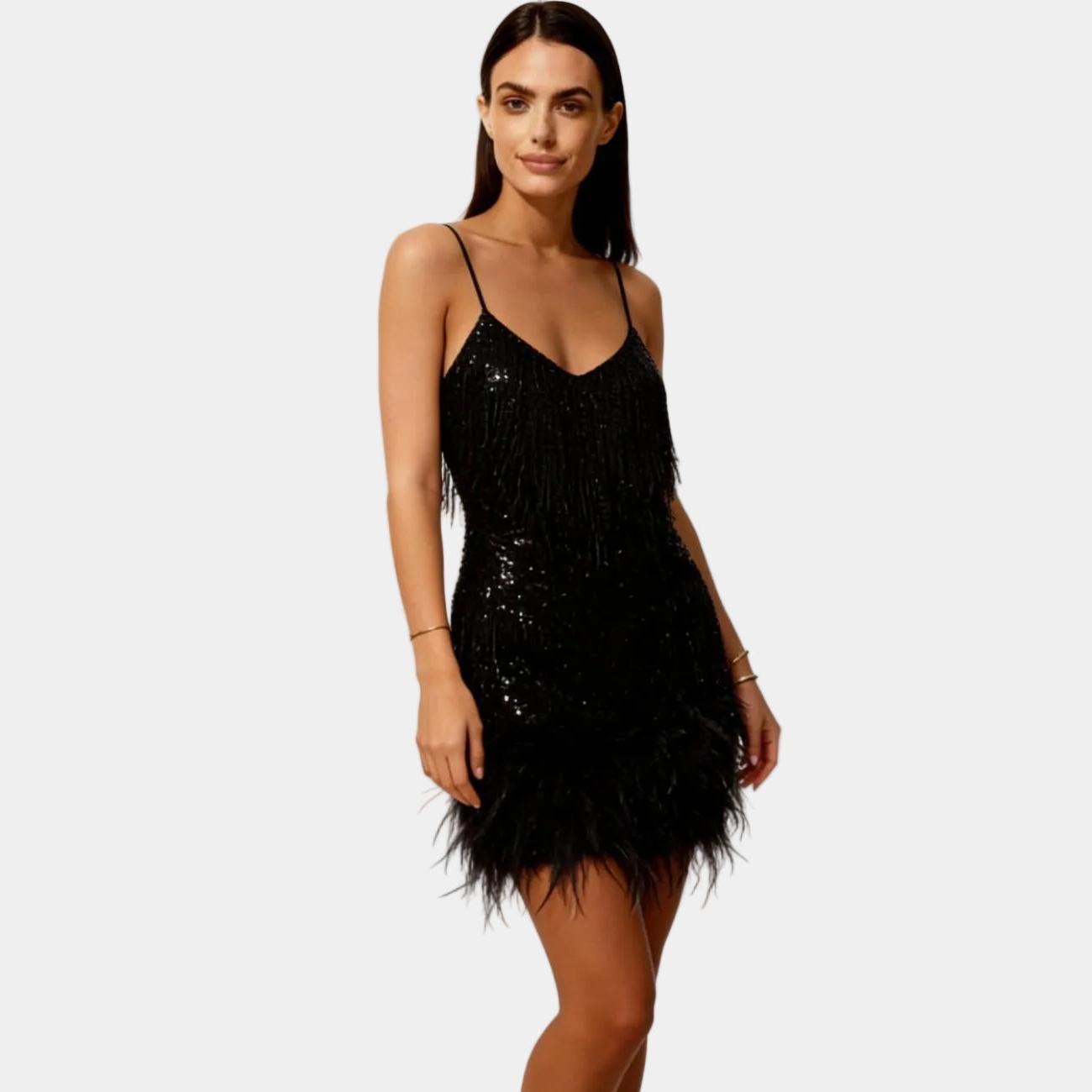 Elegant Sequin Feather Mini Dress for Women - Spaghetti Strap Evening Wear, Party Dress, Cocktail Attire