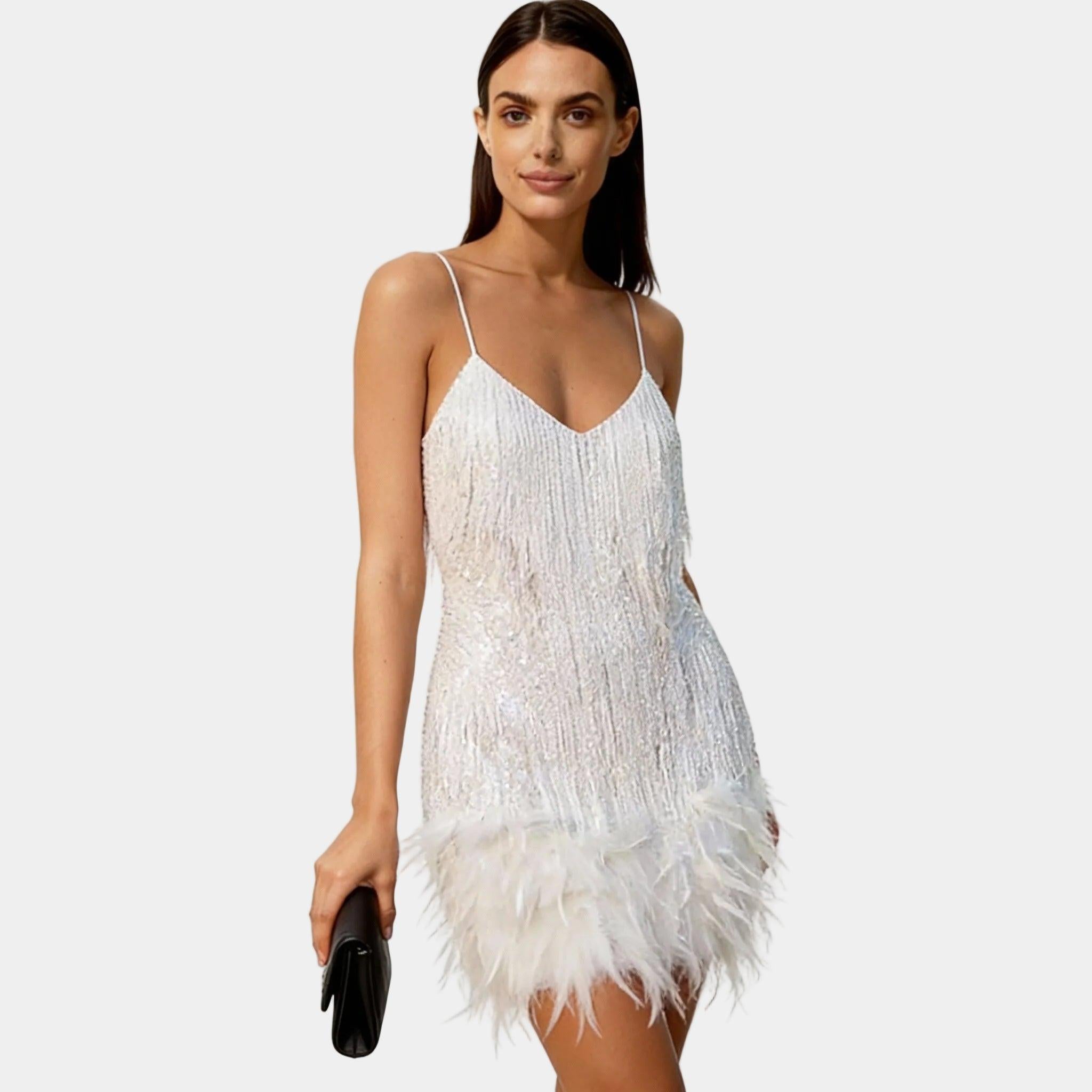 Elegant Sequin Feather Mini Dress for Women - Spaghetti Strap Evening Wear, Party Dress, Cocktail Attire