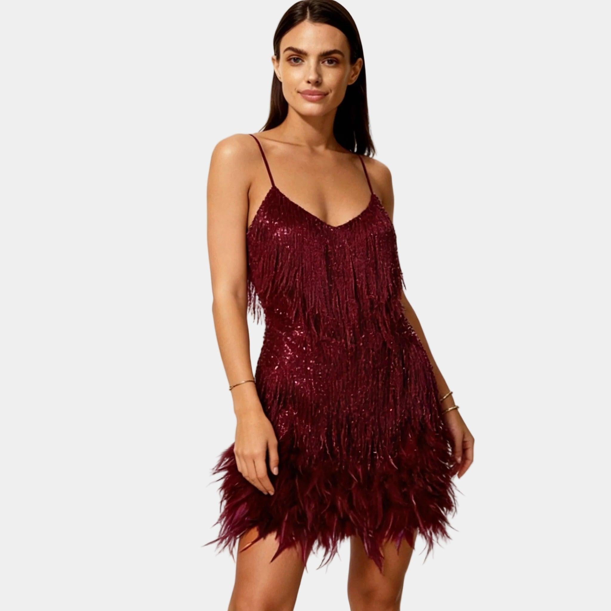 Elegant Sequin Feather Mini Dress for Women - Spaghetti Strap Evening Wear, Party Dress, Cocktail Attire