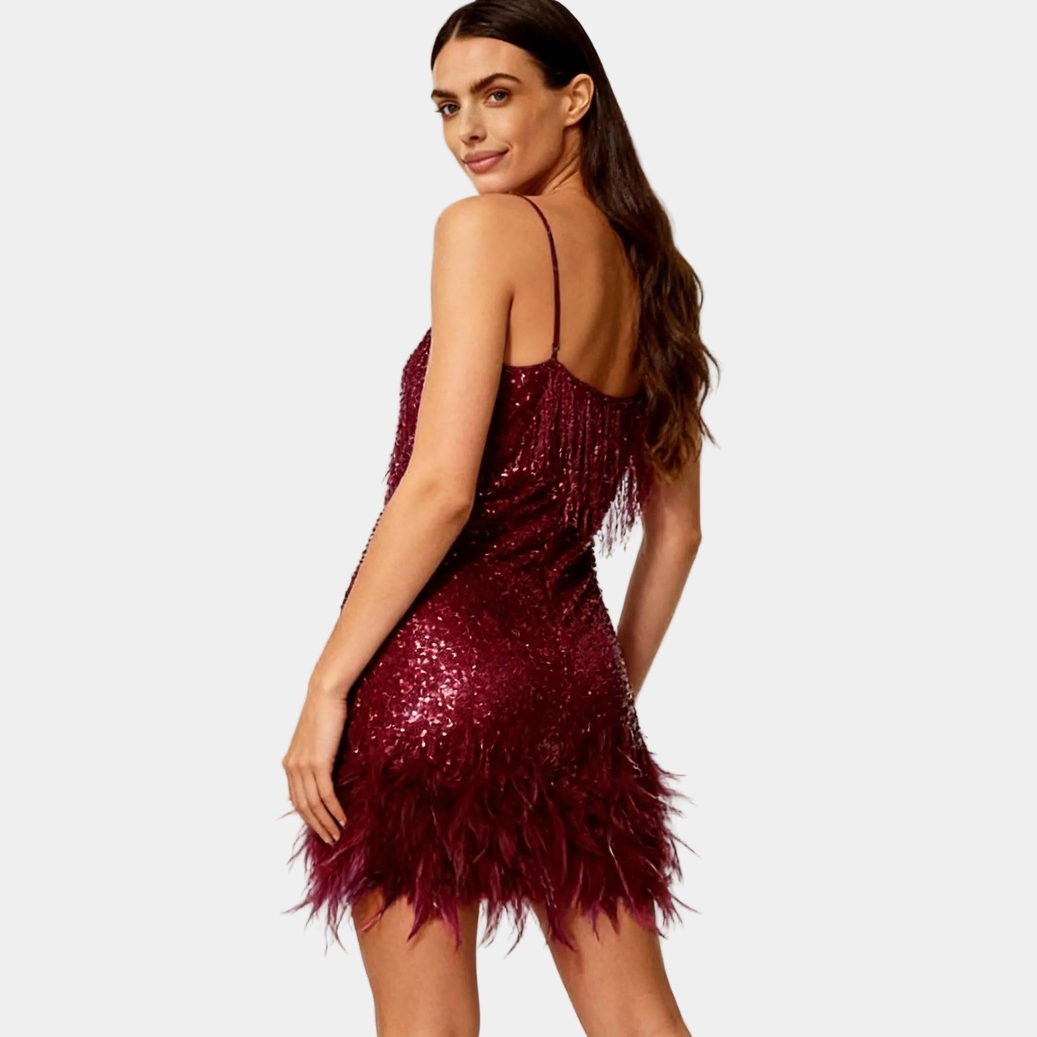 Elegant Sequin Feather Mini Dress for Women - Spaghetti Strap Evening Wear, Party Dress, Cocktail Attire