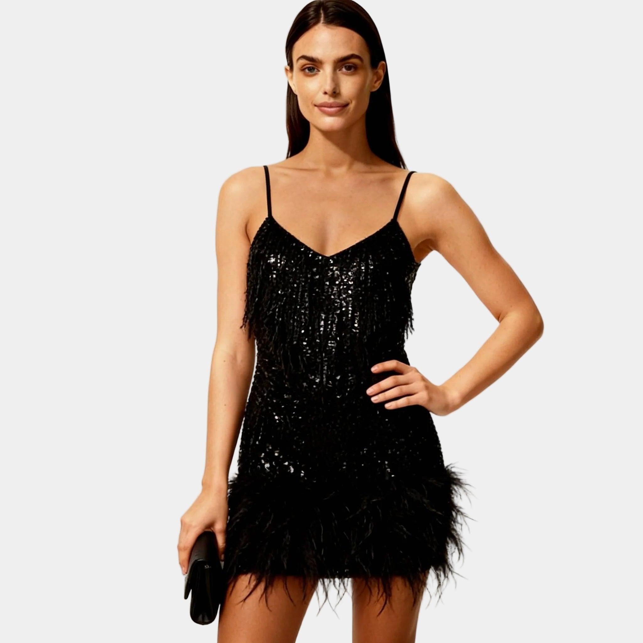 Elegant Sequin Feather Mini Dress for Women - Spaghetti Strap Evening Wear, Party Dress, Cocktail Attire