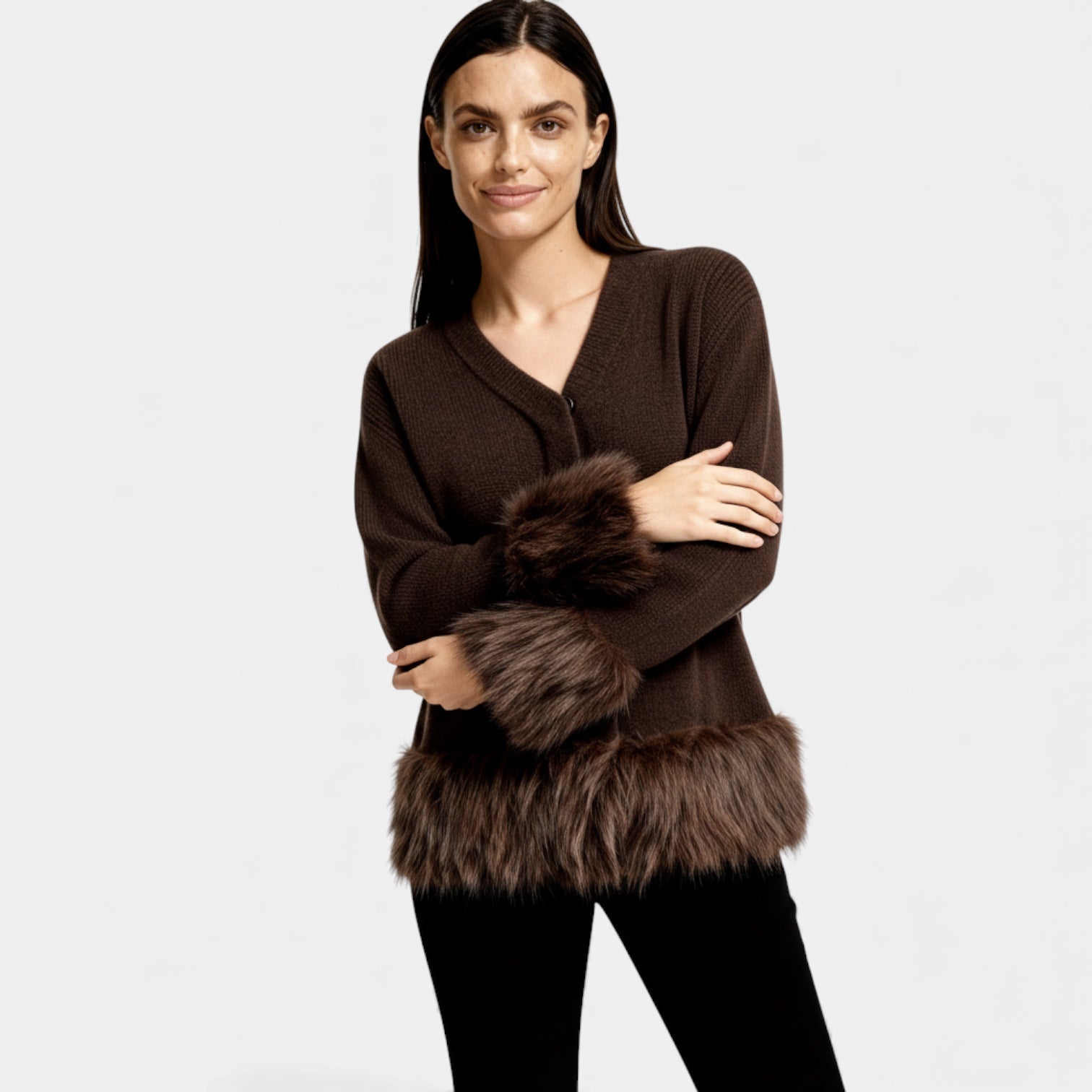 Faux Fur Trim Knit Cardigan for Women – Button Front Winter Outerwear – Cozy Layering Piece