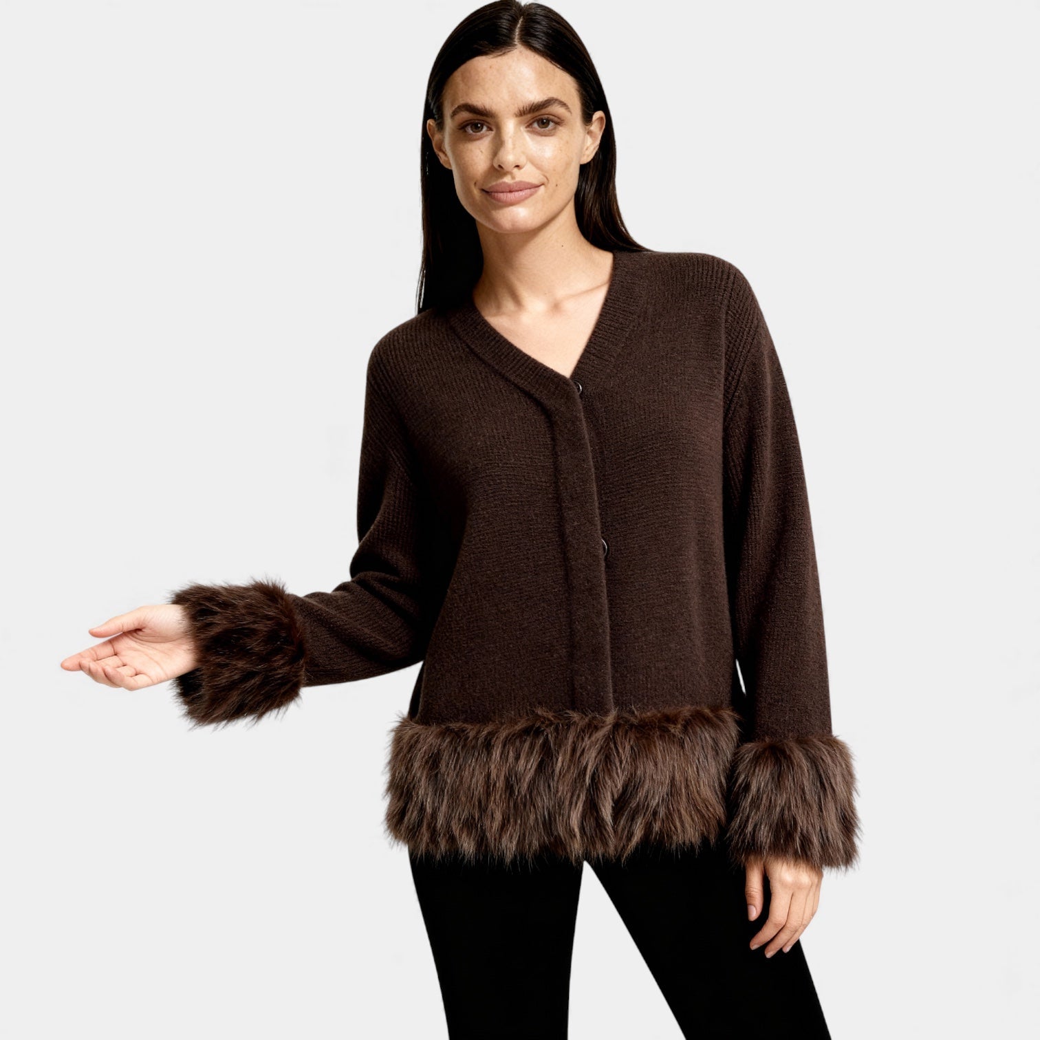 Faux Fur Trim Knit Cardigan for Women – Button Front Winter Outerwear – Cozy Layering Piece