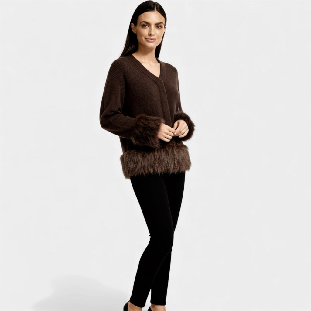Faux Fur Trim Knit Cardigan for Women – Button Front Winter Outerwear – Cozy Layering Piece