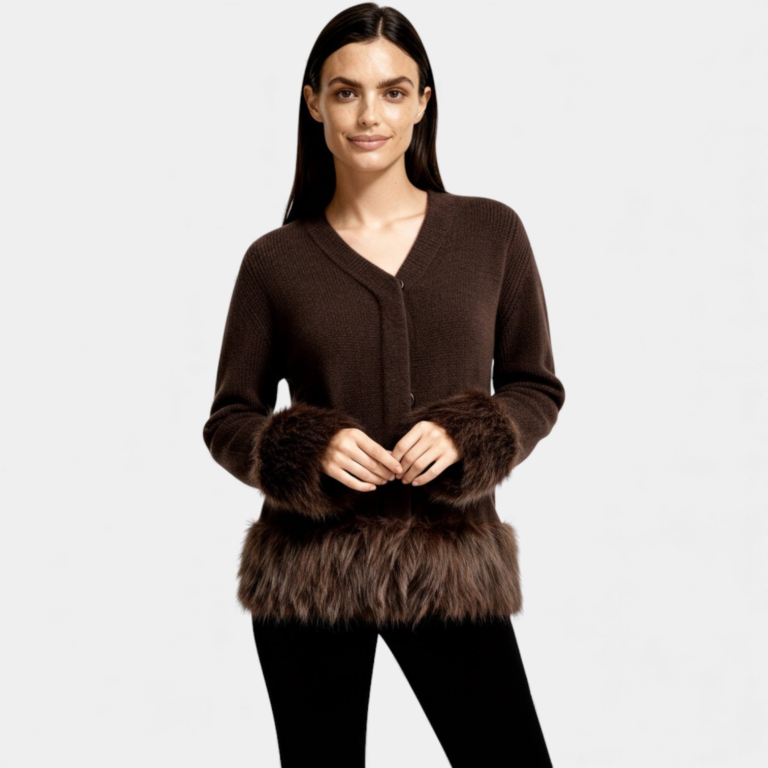 Faux Fur Trim Knit Cardigan for Women – Button Front Winter Outerwear – Cozy Layering Piece
