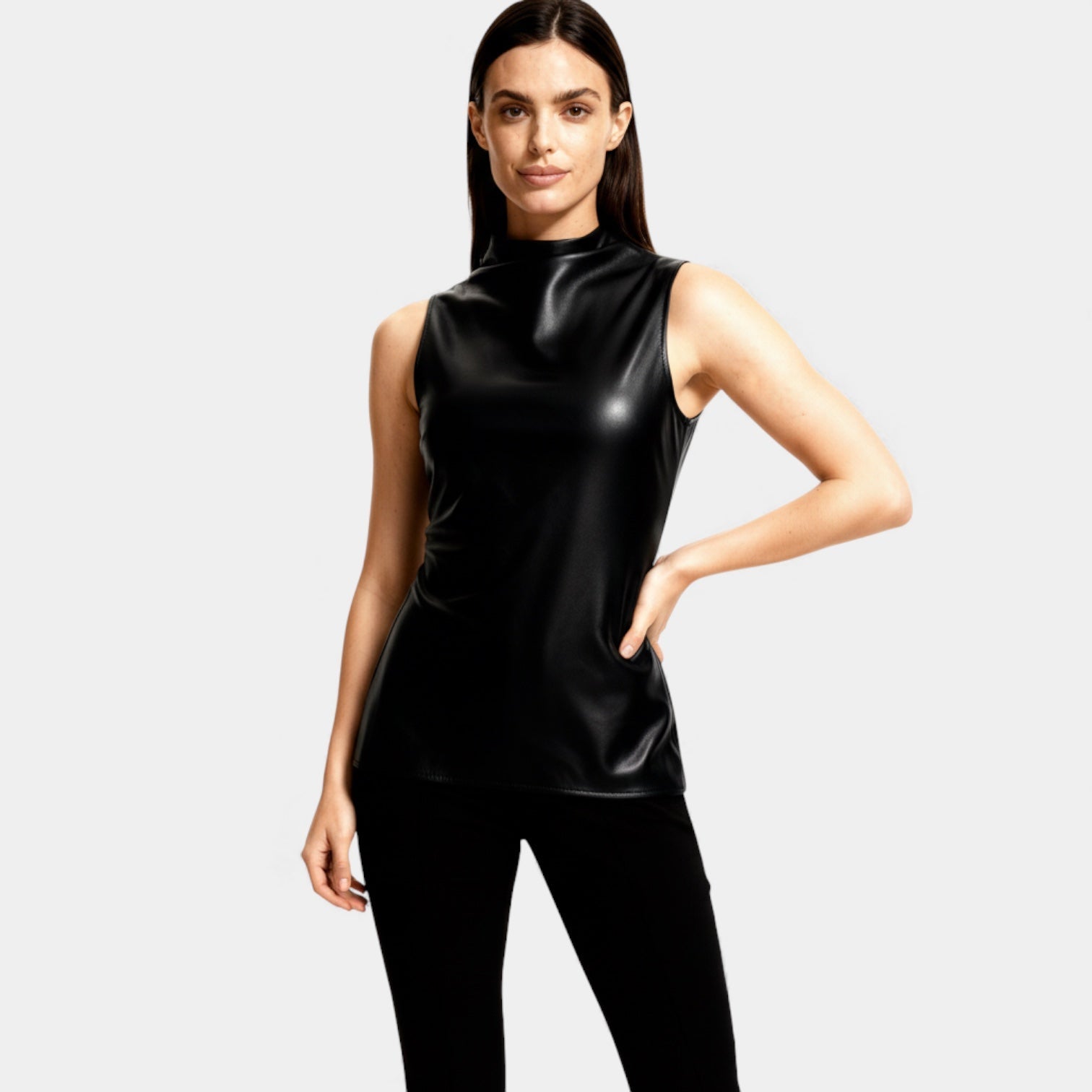 Faux Leather Sleeveless Mock Neck Top for Women – Stylish Casual Wear for Day and Night