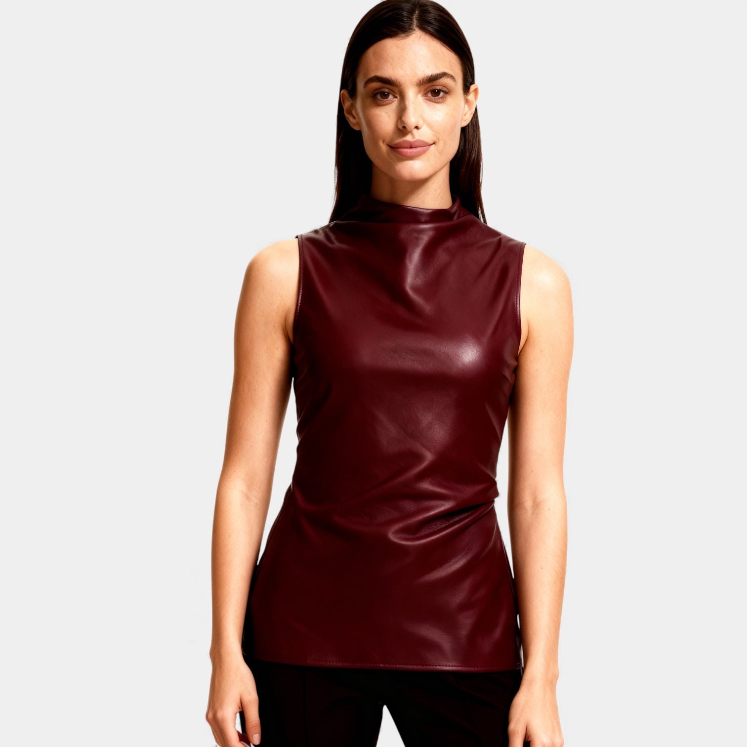 Faux Leather Sleeveless Mock Neck Top for Women – Stylish Casual Wear for Day and Night