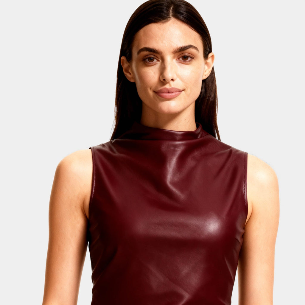 Faux Leather Sleeveless Mock Neck Top for Women – Stylish Casual Wear for Day and Night