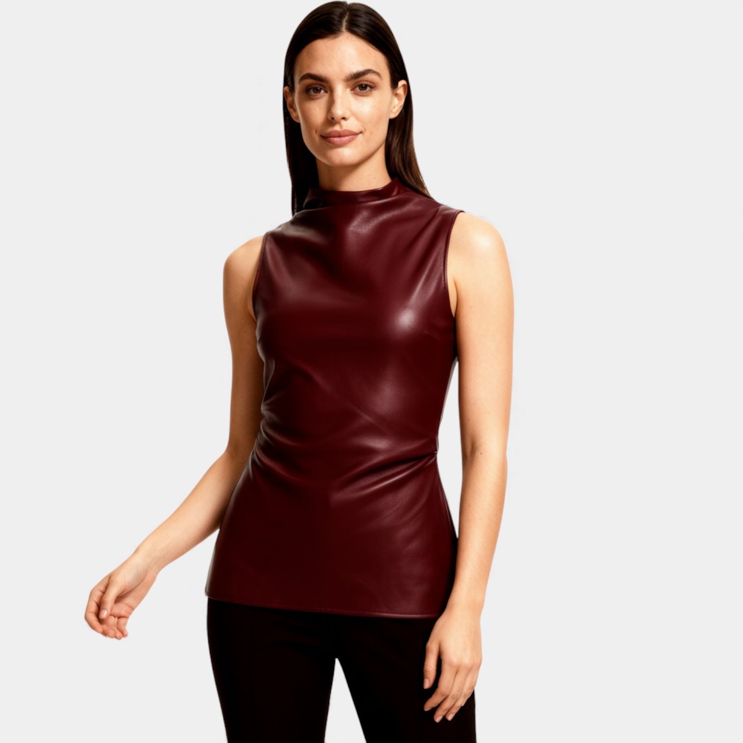 Faux Leather Sleeveless Mock Neck Top for Women – Stylish Casual Wear for Day and Night