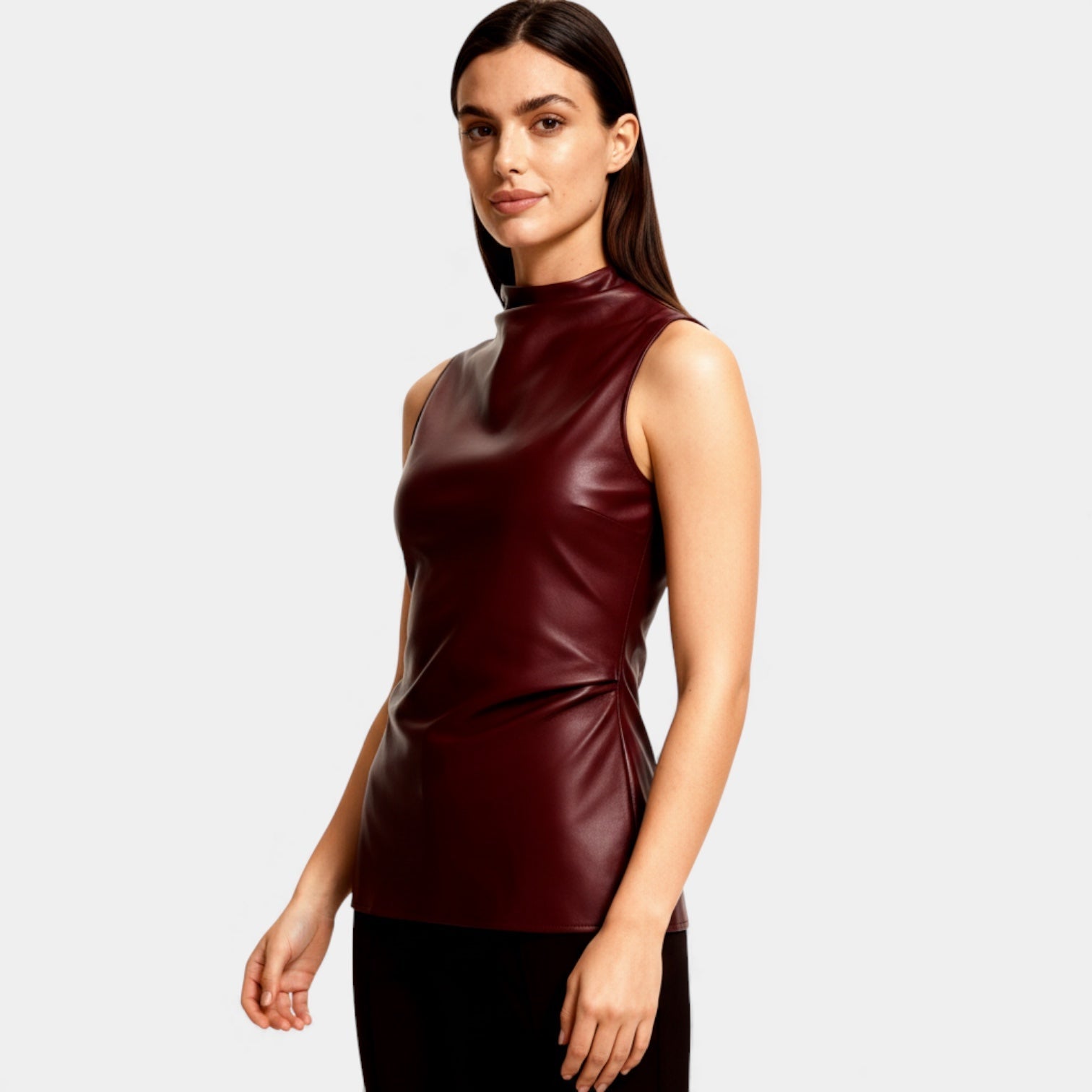 Faux Leather Sleeveless Mock Neck Top for Women – Stylish Casual Wear for Day and Night