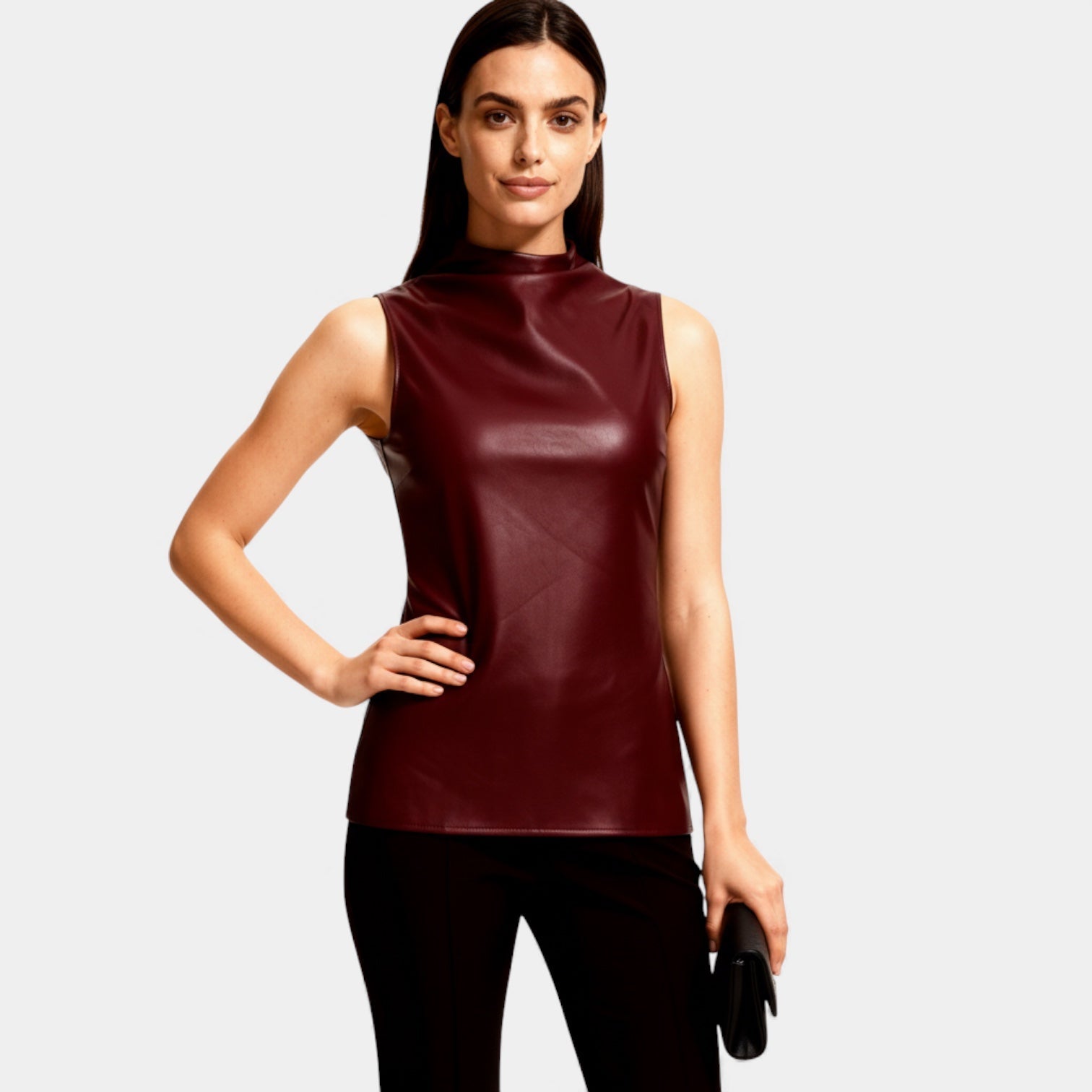 Faux Leather Sleeveless Mock Neck Top for Women – Stylish Casual Wear for Day and Night