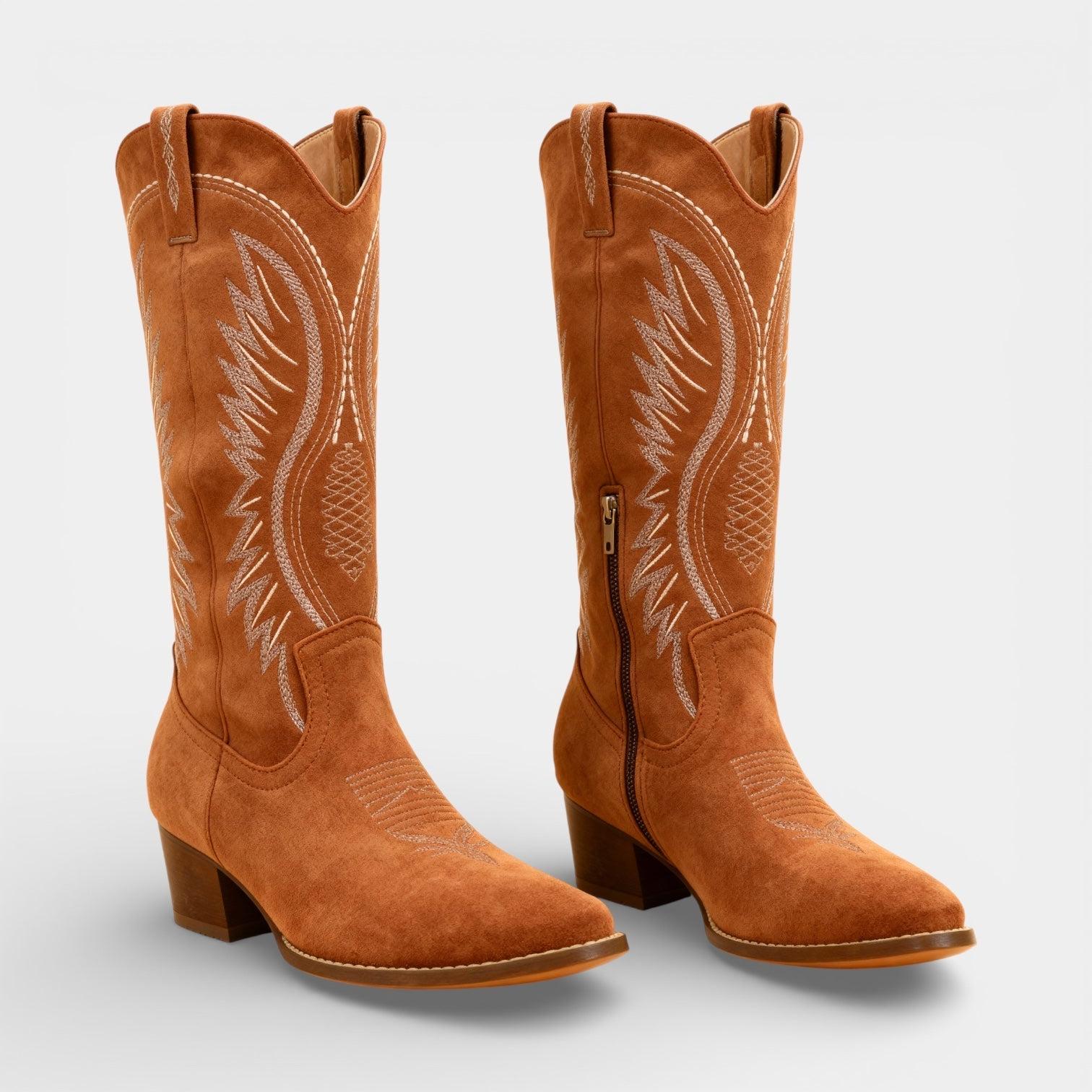 Faux Suede Block Heel Cowboy Boots for Women - Stylish Western Footwear for Casual and Dressy Occasions