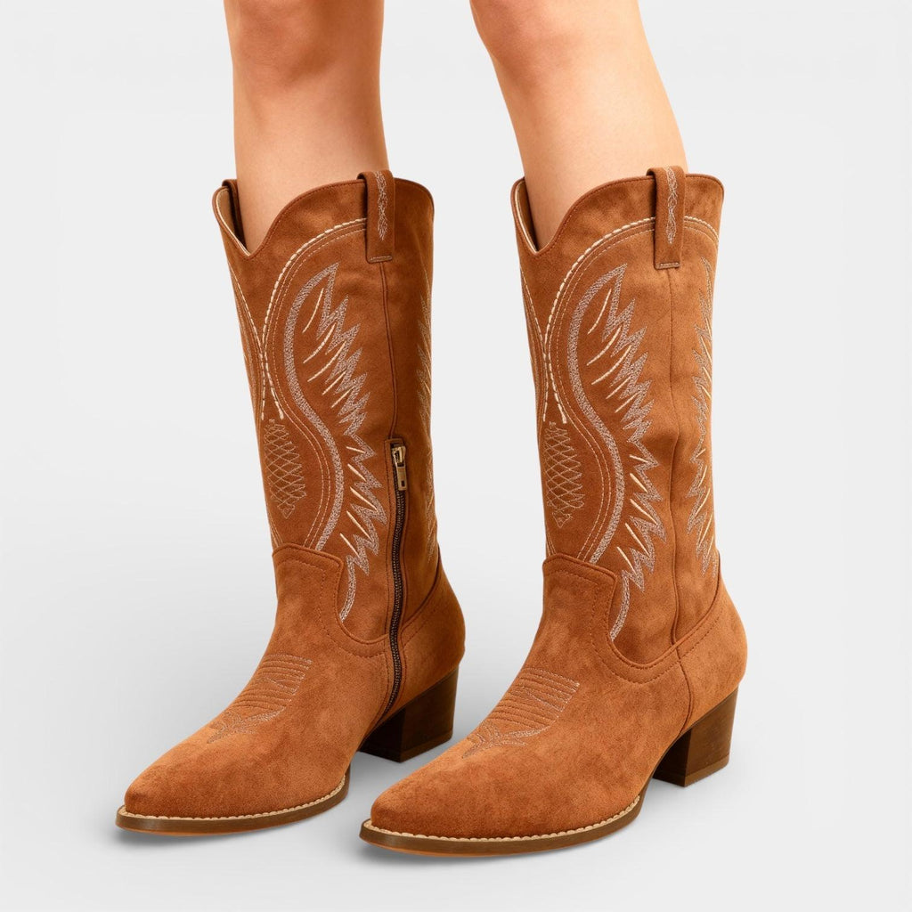 Faux Suede Block Heel Cowboy Boots for Women - Stylish Western Footwear for Casual and Dressy Occasions