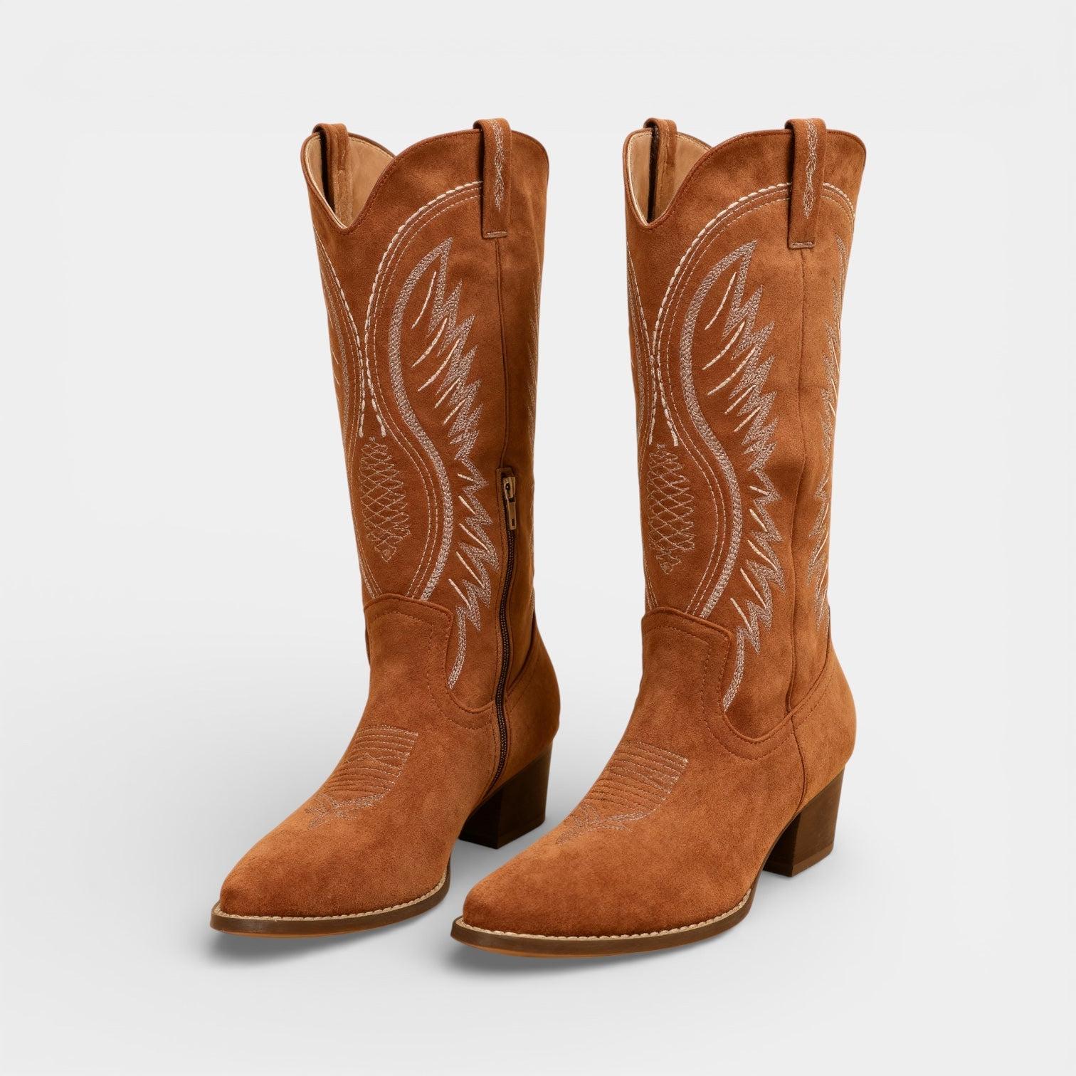 Faux Suede Block Heel Cowboy Boots for Women - Stylish Western Footwear for Casual and Dressy Occasions