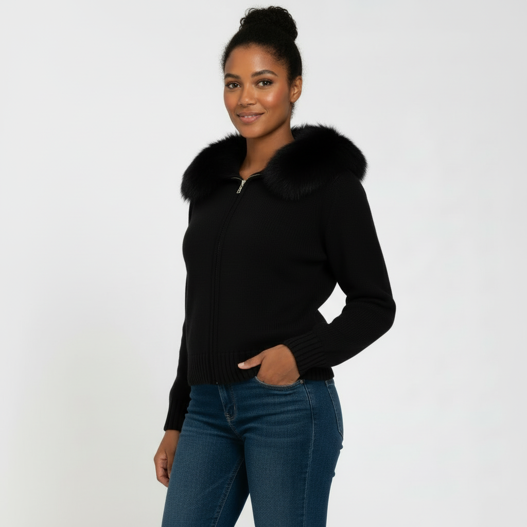 Hooded Faux-Fur Zip Cardigan for Women - Soft Knit Jacket for Casual Wear and Layering