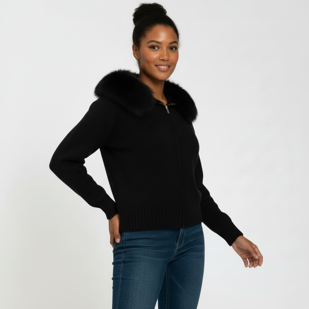 Hooded Faux-Fur Zip Cardigan for Women - Soft Knit Jacket for Casual Wear and Layering